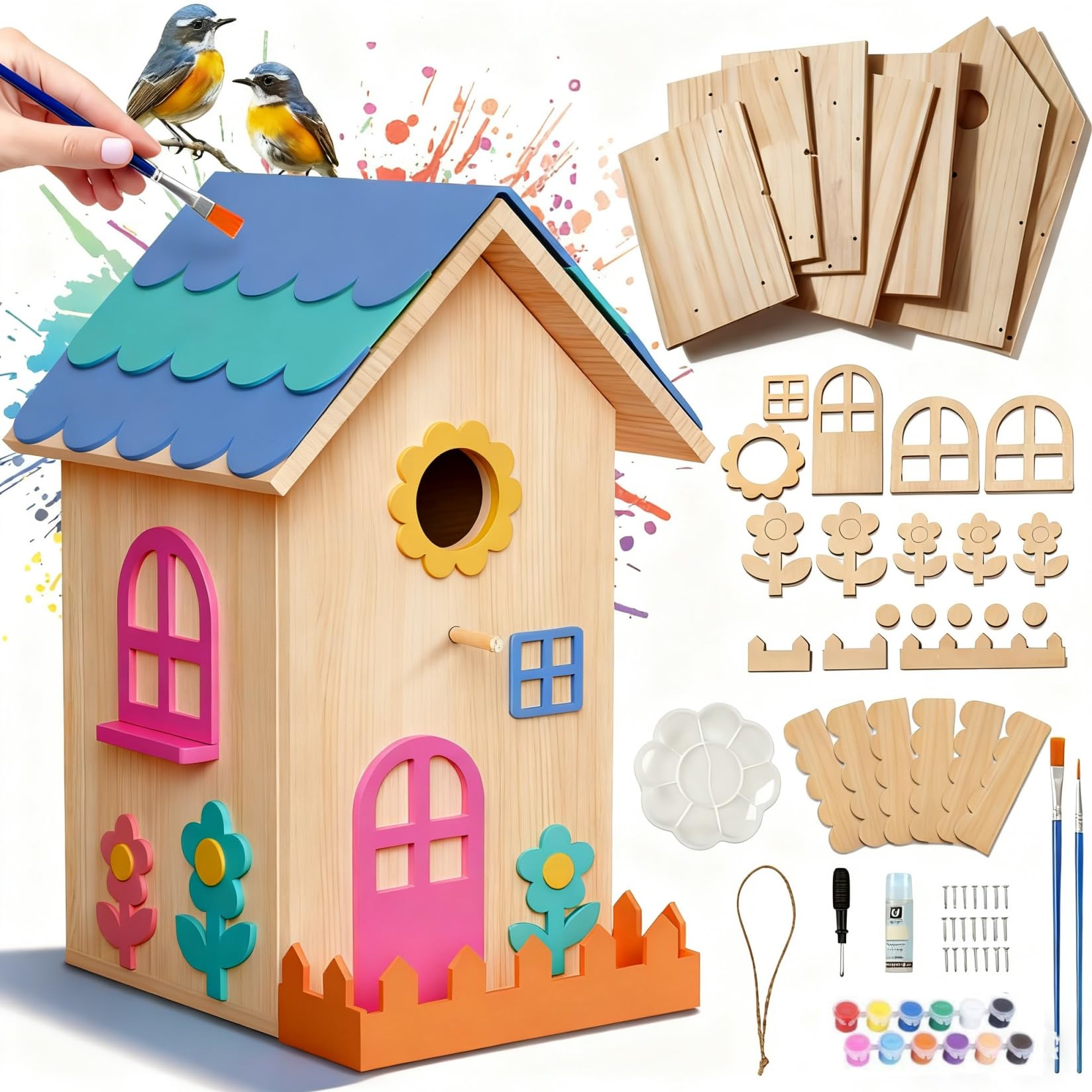 JAZUIHA Vogelhaus Bausatz XXL - DIY Holzhaus Bastel Set zum Zusammenbauen | Hängender Nistkasten für Garten, Hof, ideal für Dekoration und Geschenke. Perfekt zum Bemalen und kreativen Gestalten.