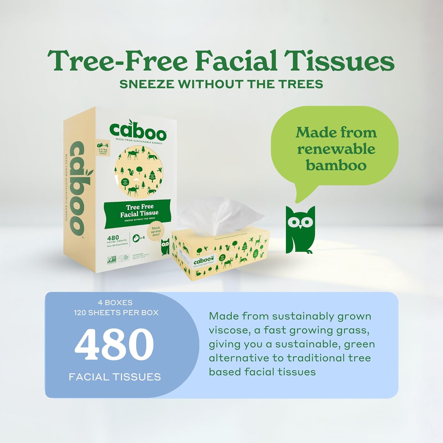 Caboo Tree Free Facial Tissue Paper, Tree Free, Eco Friendly 3 Ply Tissue Flat Box - 120 Sheets Per Box, Total of 4 Boxes, 480 Total Tissues