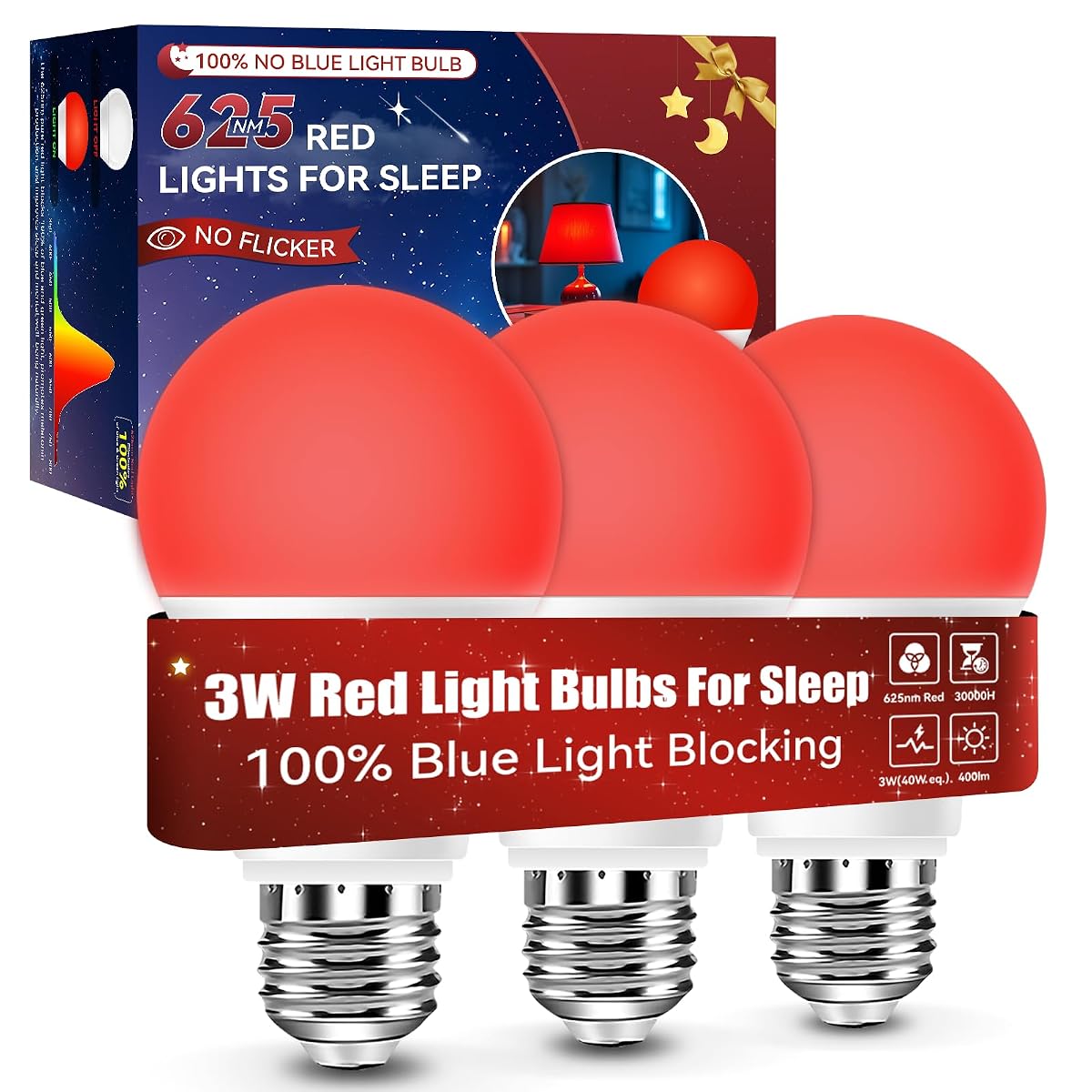 Neporal 625nm Red Light Bulbs for Sleep 3W 100% Blue Light Blocking Light Bulbs