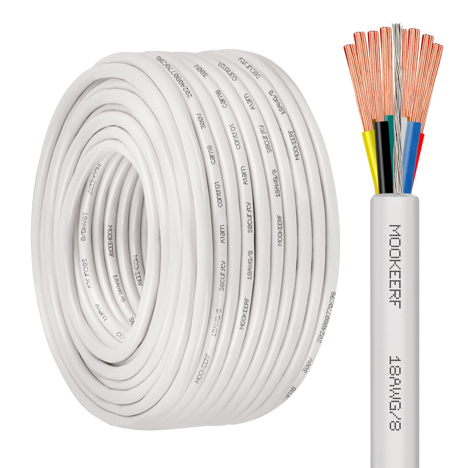 MOOKEERF 18 Gauge 8 Conductor Shielded Wire 100FT 18/8 18AWG Stranded Shielded Plenum Cable White CL3P Jacket for Low Voltage LED,Burglar System,Fire