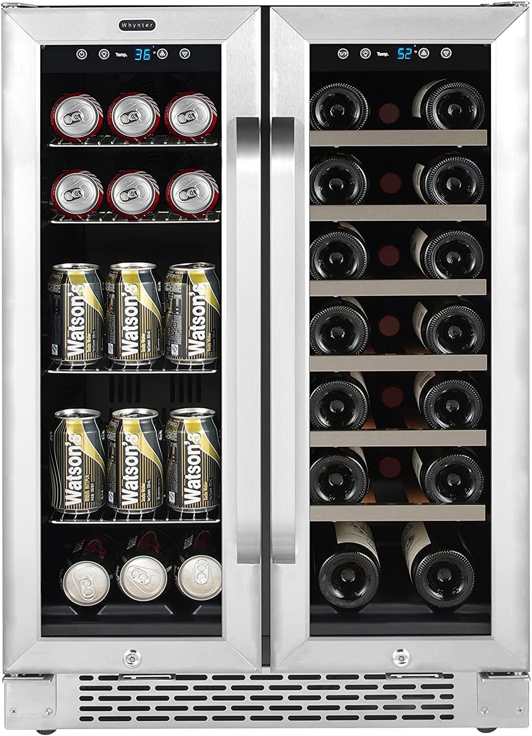 Whynter Cooler BWB-2060FDS Built-in French Door 20 Bottle Wine Refrigerator 69 Can Beverage Center, Stainless Steel, 24" Wide Dual Zone, Silver