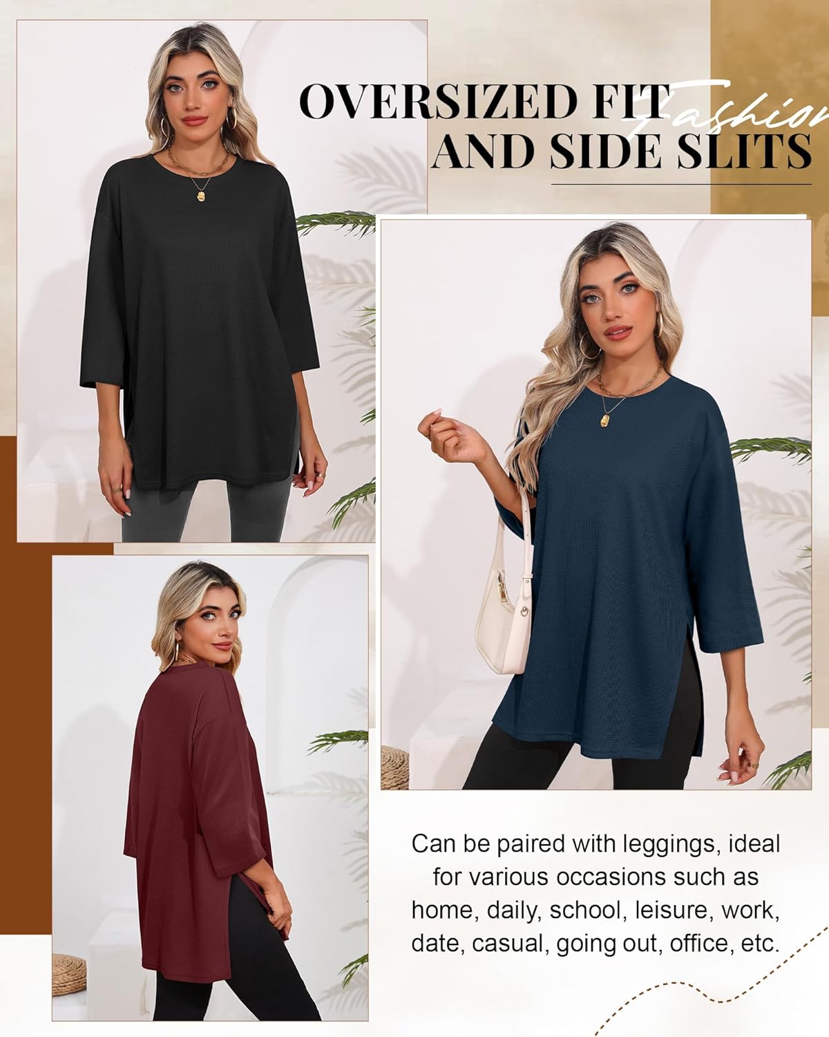 3 Pack Women's 3/4 Sleeve Waffle Knit Tops Oversized Crewneck T-Shirts Loose Casual Blouses Side Split Tees(Black, Navy Blue, Wine Red,X-Large) - Image 3