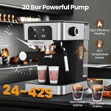 COSTWAY 20 Bar Espresso Coffee Machine, 1200W Compact Coffee Maker with Milk Frother, Touch Screen & 1.8 L Removable Water Tank, Stainless Steel Espresso Maker for Cappuccino, Latte, Ground Coffee