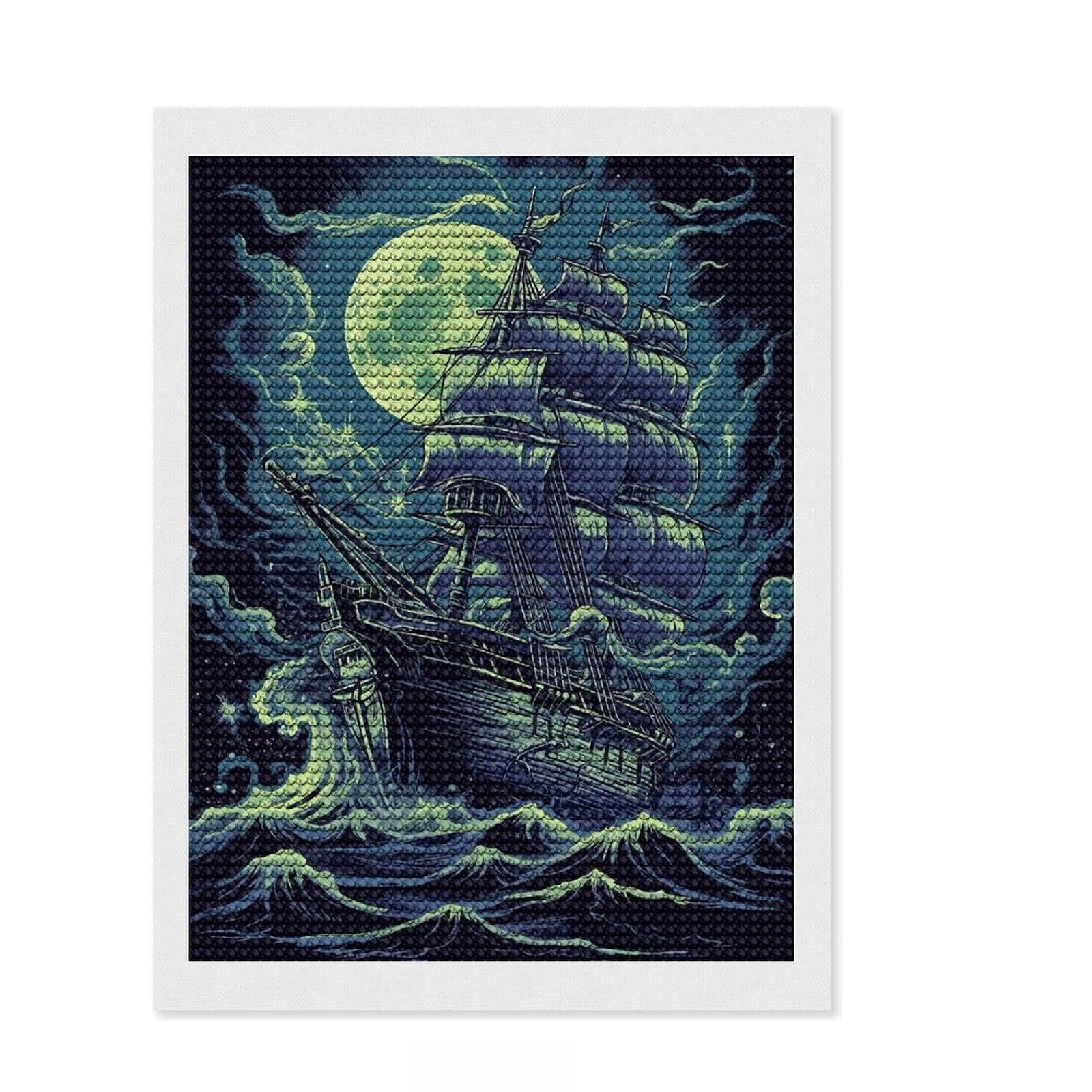 Junmoney Deep Blue Pirate Ship 5D Diamond Painting Kit 12"x16", for Women, Farmhouse Decor, Boho Decor, Thoughtful Present, Relaxing DIY