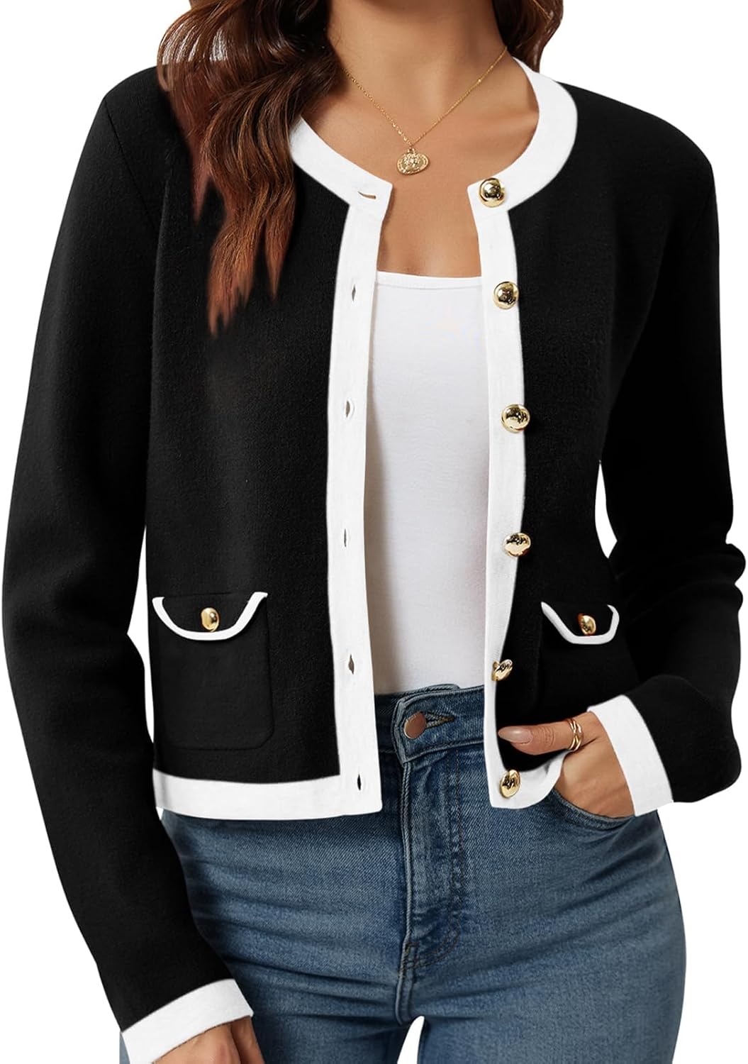 Yousify Womens 2024 Open Front Button Down Cardigan Long Sleeve Pockets Color Block Knit Cropped Cardigan Sweaters