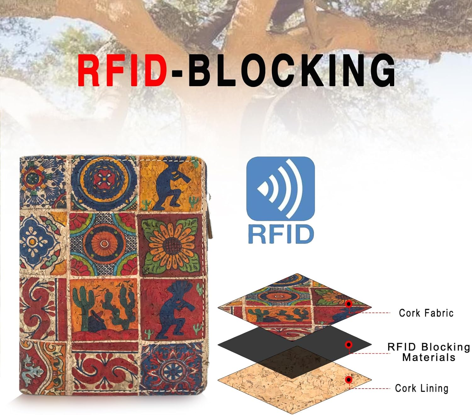 Eco Cork Friendly RFID Blocking Wallet Bi-fold Card Holder Vertical Wallet With Zippered Coin Purse & ID Window - Image 4