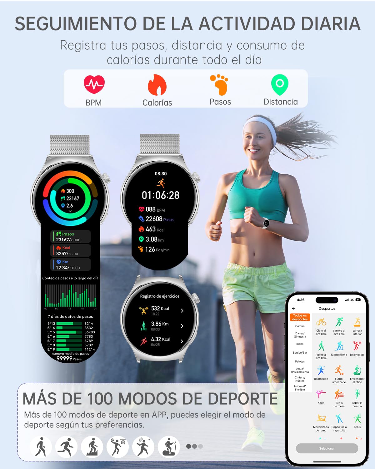 Reloj Inteligente Mujer con Llamadas y WhatsApp Notificaciones 1.43" AMOLED Smartwatch Mujer para iOS Android 3 Correas Pulsera Actividad con Pulsómetro/Monitor de Sueño/Podómetro 110+ Deportes, Plata
