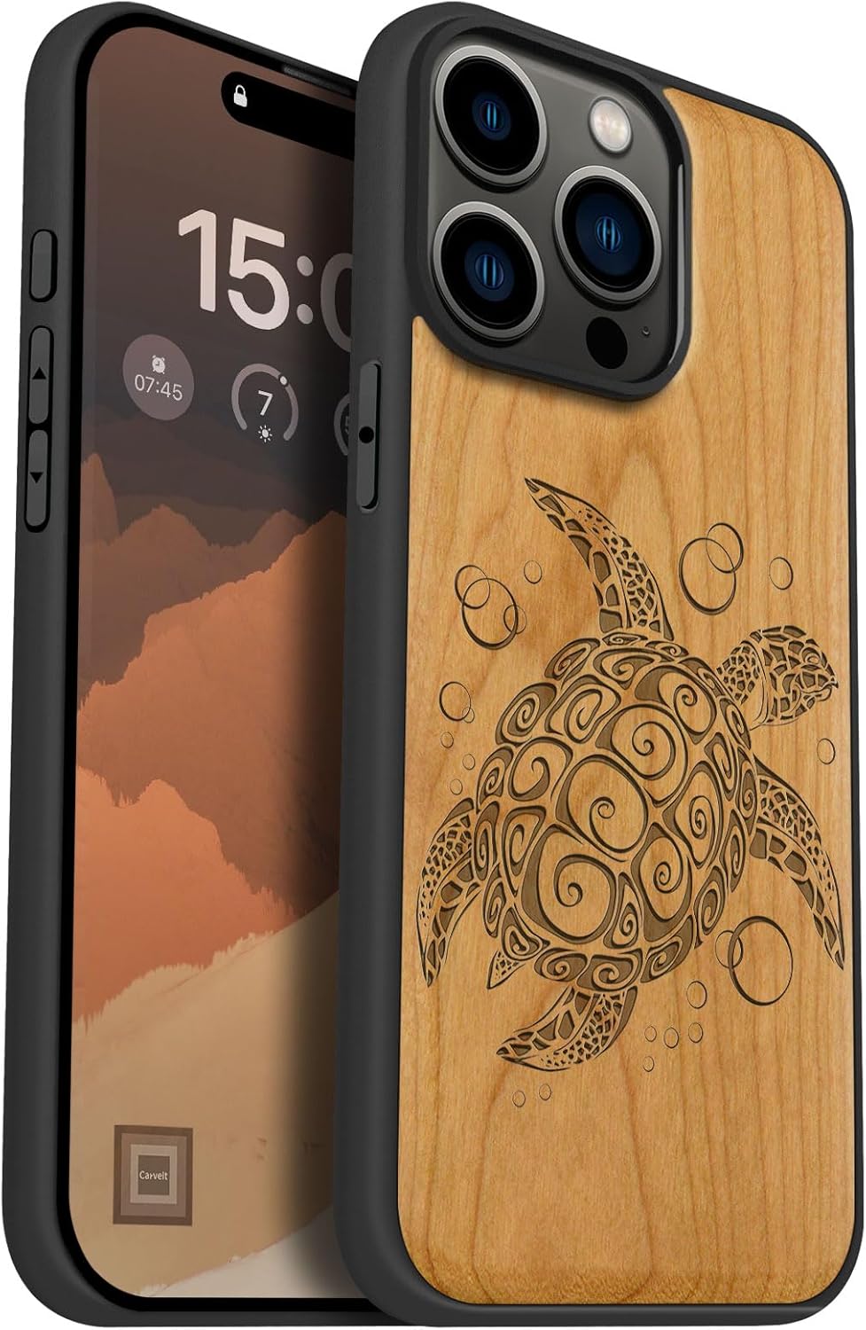Carveit Magnetic Wooden Case for iPhone 15 Pro Max Case, Compatible with MagSafe Wireless Chargers, Black Soft TPU Shockproof Cover & Wood Artisan Engraved (Sea Turtle) - Cherry