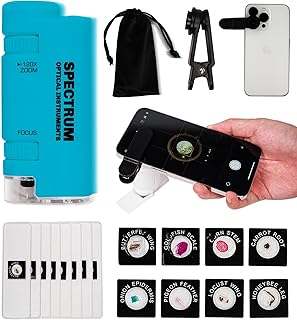 Mini microscopio para niños, microscopio portátil 60X - 120X para niños, microscopio de mano con 8 diapositivas Spicemen, microscopio para niños para estudiantes, microscopio azul