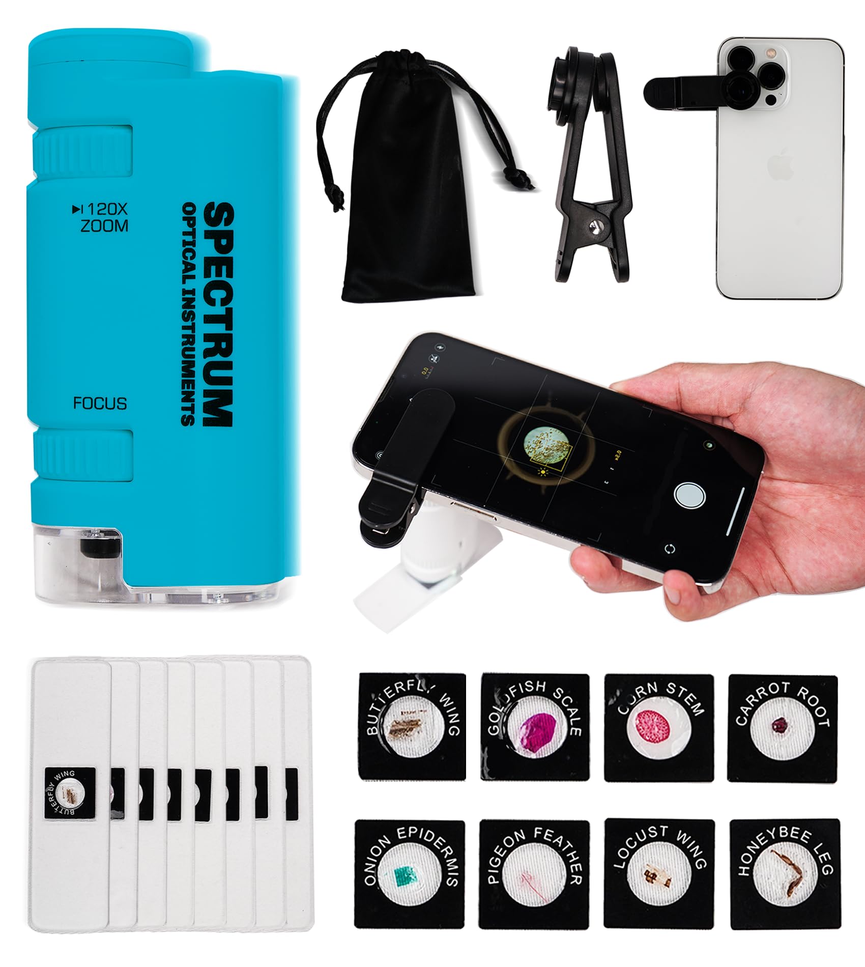 Mini Microscope for Kids, 60X-120X Portable Handheld Microscope with 8 Slide Samples, Blue