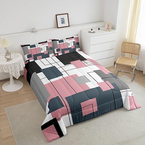 Miniatura 3 de Erosebridal Juego de ropa de cama tamaño individual, color negro, blanco, gris, rosa, geométrico, cuadrado, para niños, niñas, adolescentes,