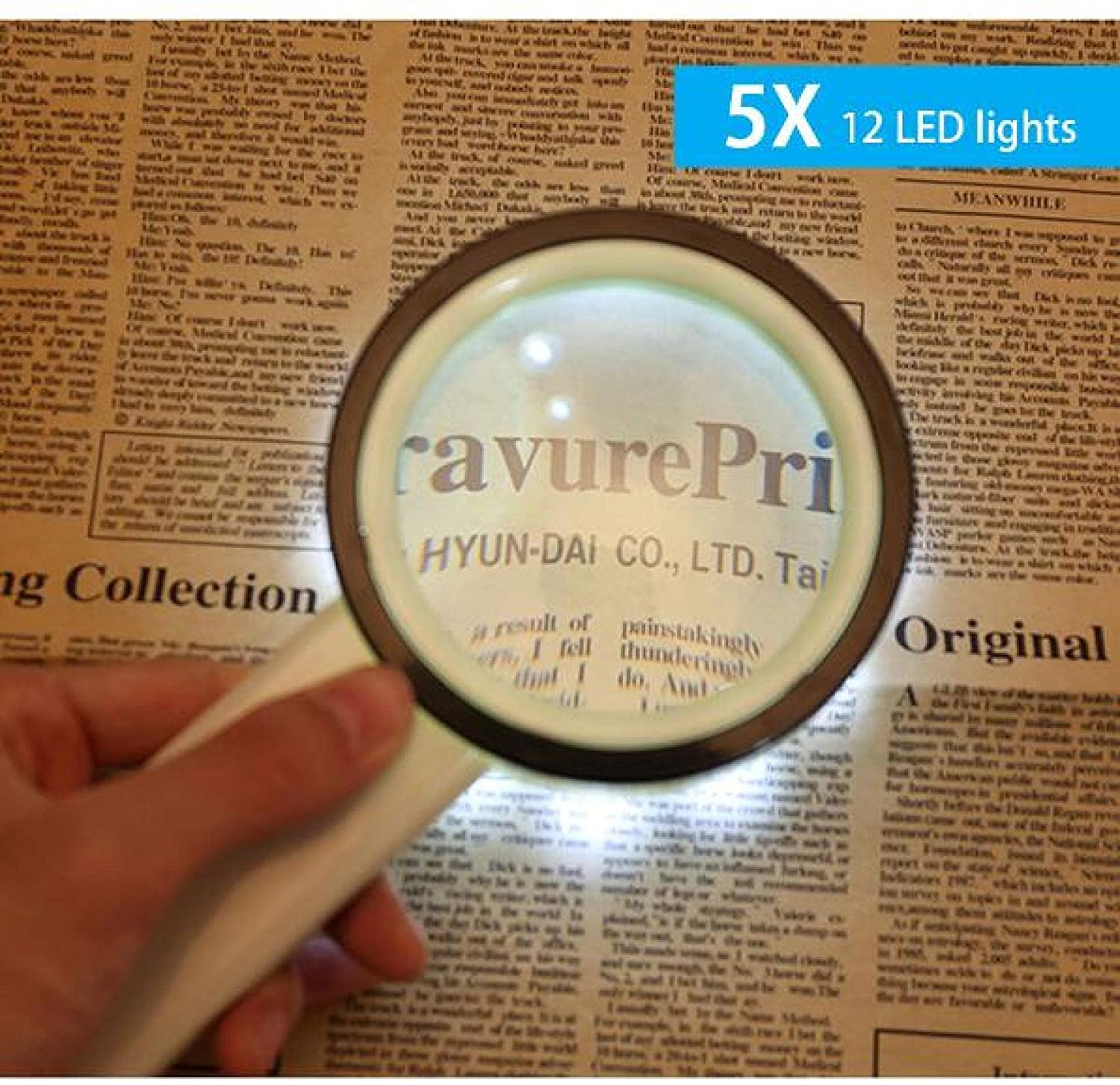 Bardzo duża ręczna lupa LED z 12 światłami - 112 mm z soczewką 5X - podświetlana lupa do czytania dla seniorów Czytanie, słabe widzenie, zwyrodnienie plamki żółtej, hobby i rękodzieło Uniwersalne