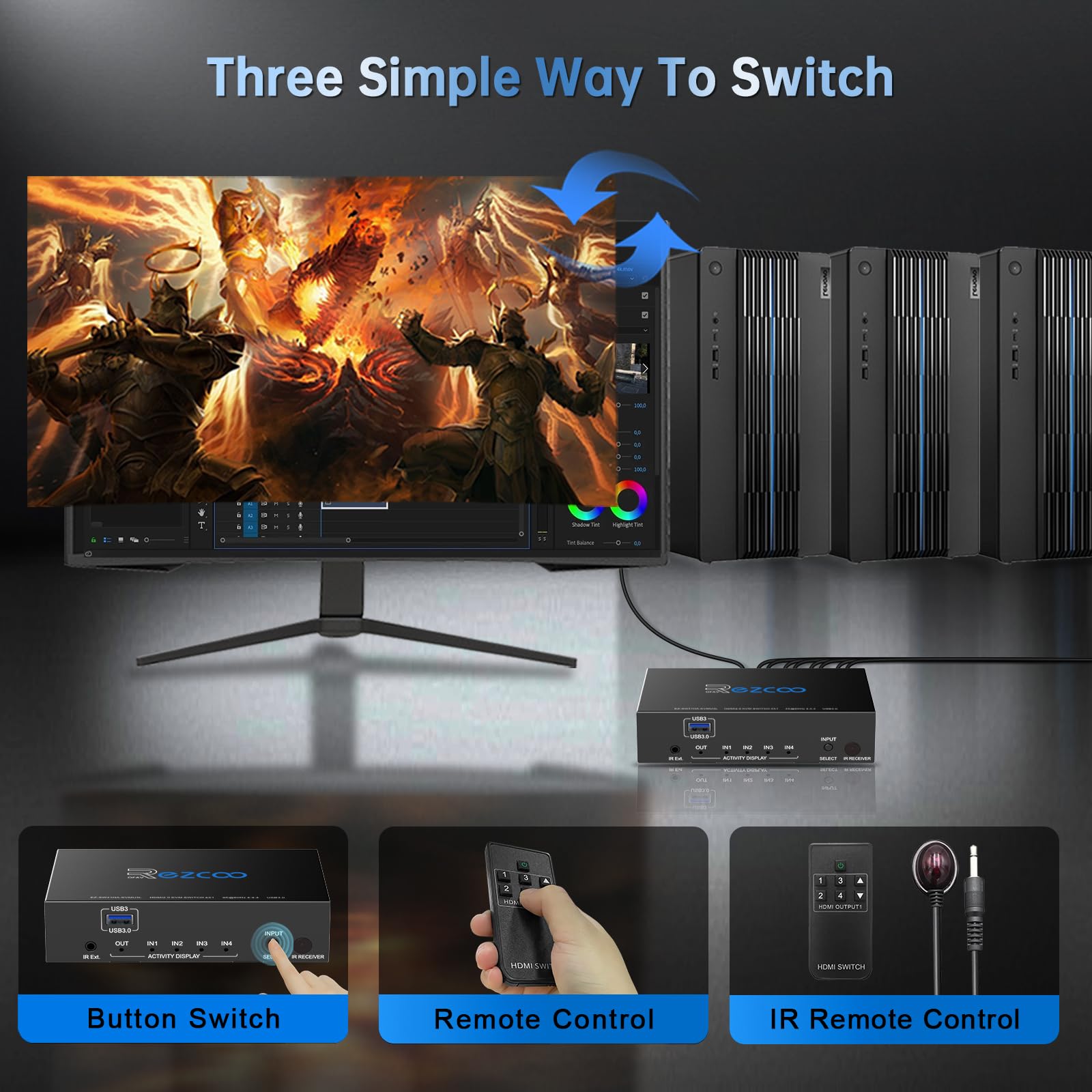USB3.0 HDMI KVM Switch 4 Port 4 In 1 Out 4K 60Hz 4 In 4 Out SPDIF 5.1 Audio Breakout Mouse/Keyboard/Wireless USB for PC,Printer,Scanner,Windows,Linux, HDR HDMI Auto Switch 4x1,IR Remote KVM 4X1