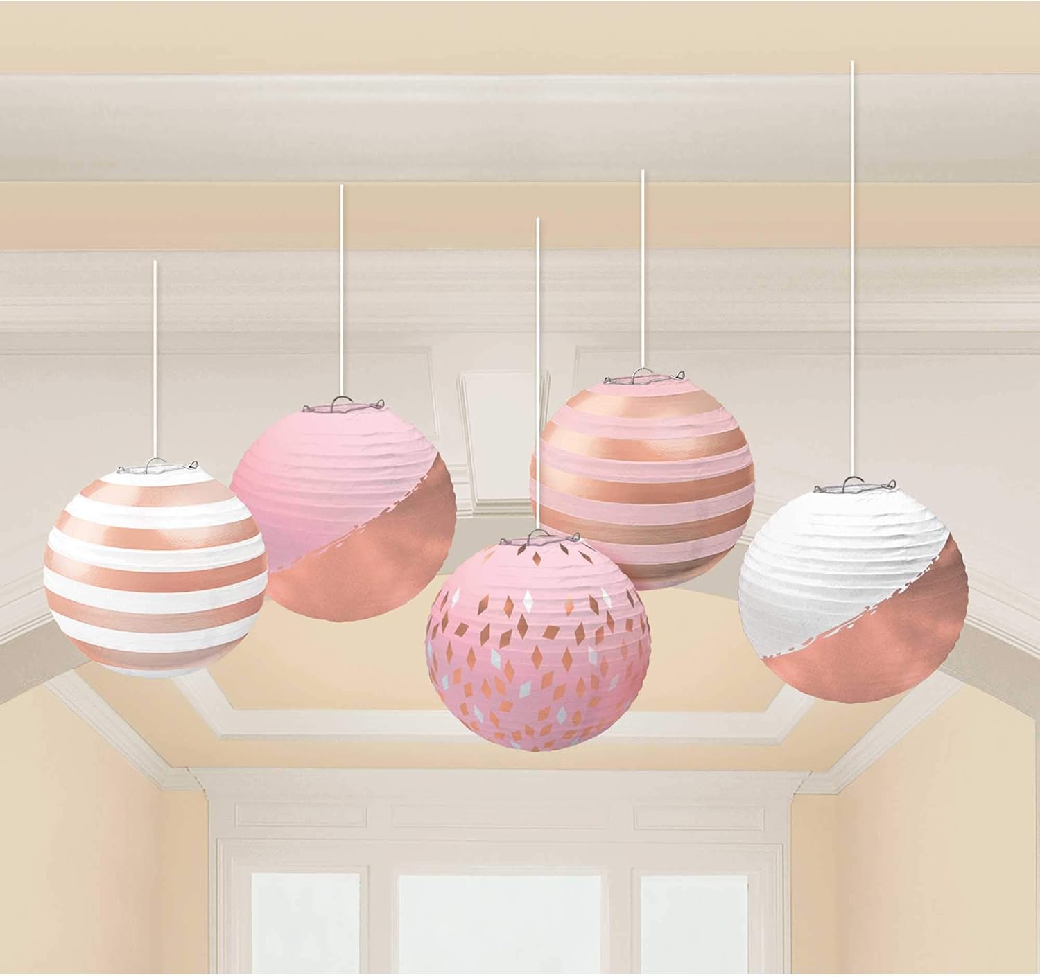 amscan 242680 Gold Blush Rose Paper Lanterns 12cm-5 Pcs, 5" Each