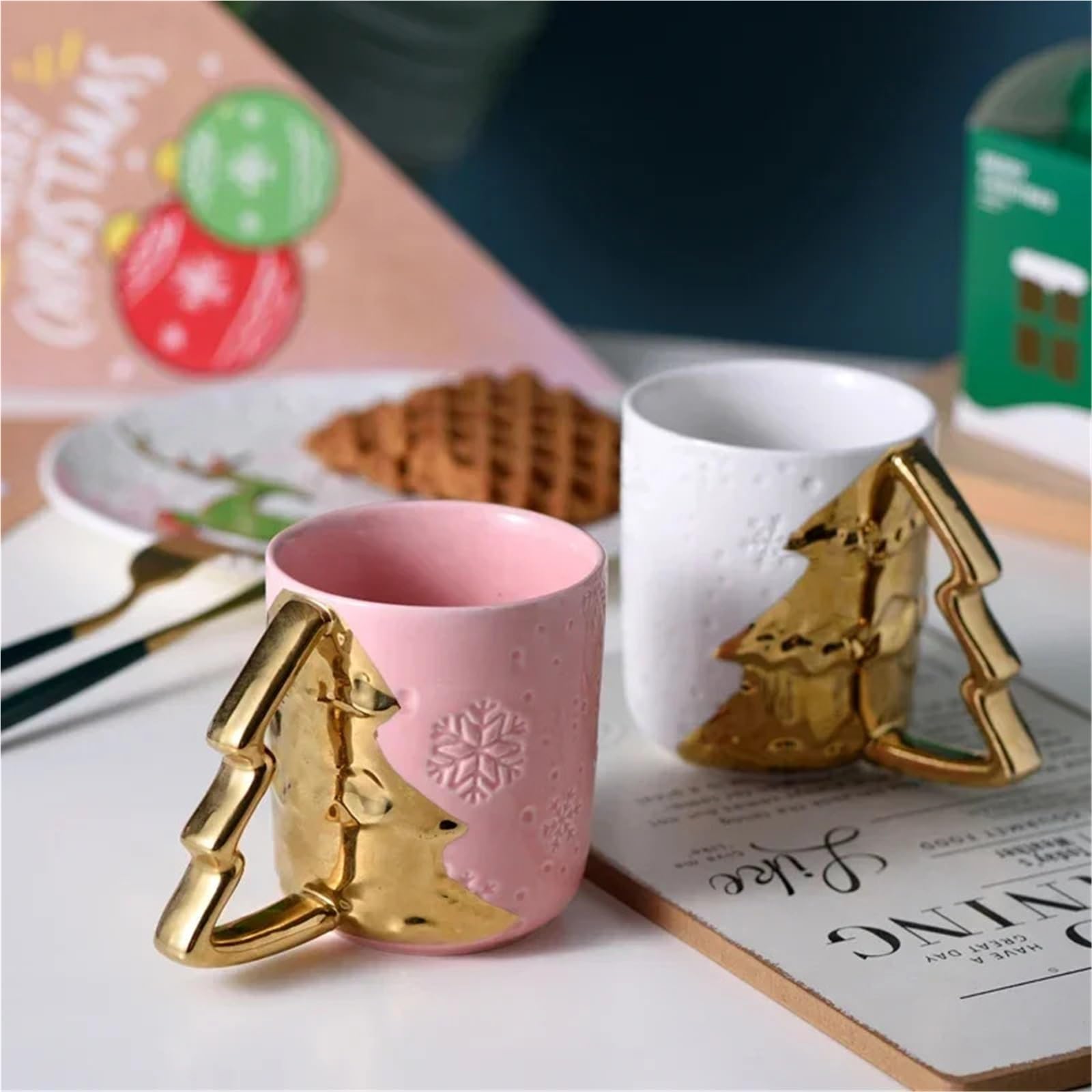 Paar Tassen 1/2 Stück Paare Weihnachtstasse geprägte Elch Keramiktasse Cartoon Paar Tassen(Pink)