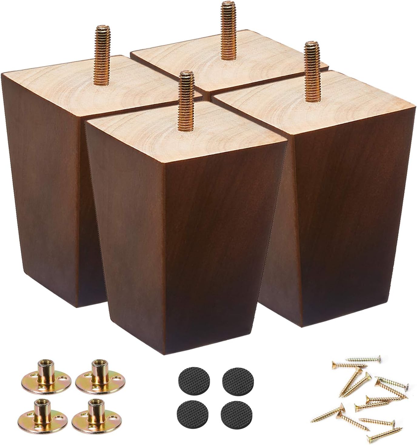 Wood Furniture feet 4 inch couch legs Pack of 4 Square Couch Legs Brown Mid century desk legs replacement legs for couch for Dresser legs Sideboard Recliner couch Circle chair Couch riser Coffee Table