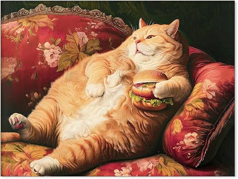 OMANI Victorian Renaissance Canvas Poster Funny Fat Cat With Hamburger Wall Art Lying In Sofa Cute Cat Painting Wall Decor for Animal Lover Gift 12x16 inch Unframed