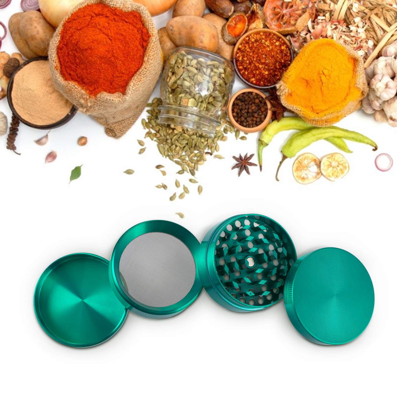 LIHAO Grinder Crusher 4-Teiliges Set Mühle Zinklegierung mit Pollen Scraper für Spice Kräuter Gewürze Herb (Mini 5 x 3,5 cm, Grün)
