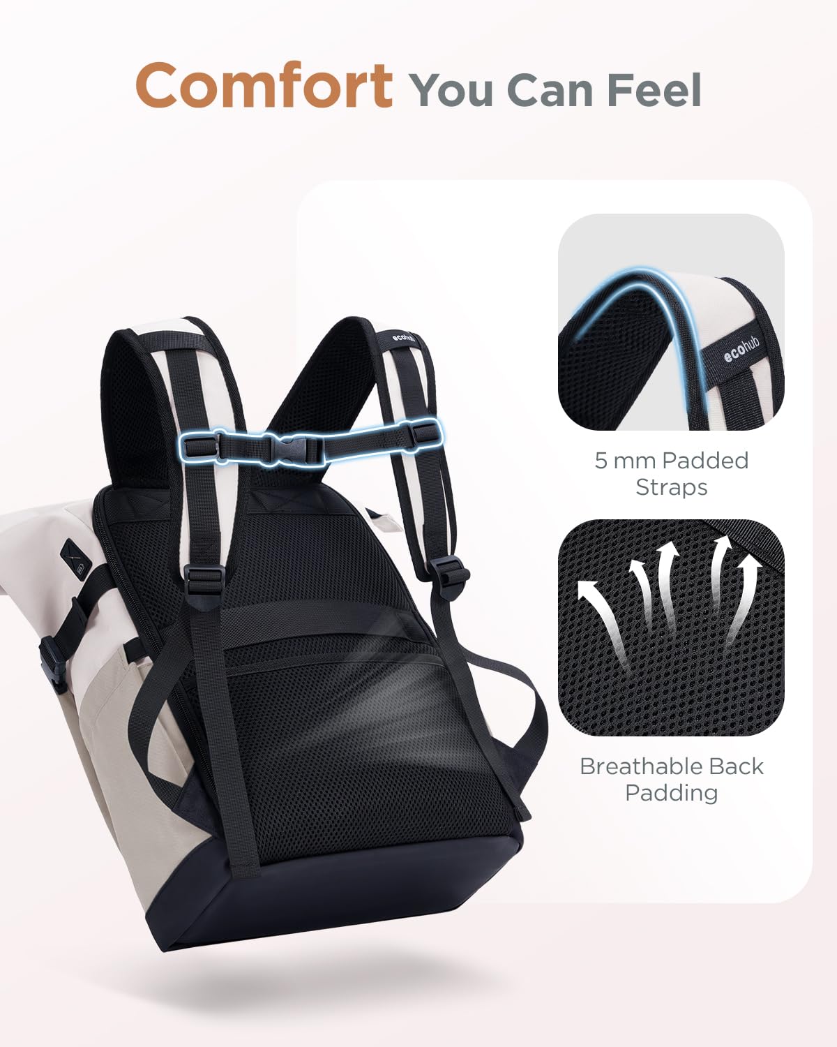 ECOHUB Zaino Rolltop 20–27L per Donna, Zaino da Viaggio per Laptop 15,6" | Colori Contrastanti, 14 Tasche, SBS Zippers, Porta USB, Resistente all'acqua, Riciclato, per Lavoro, Università, Beige