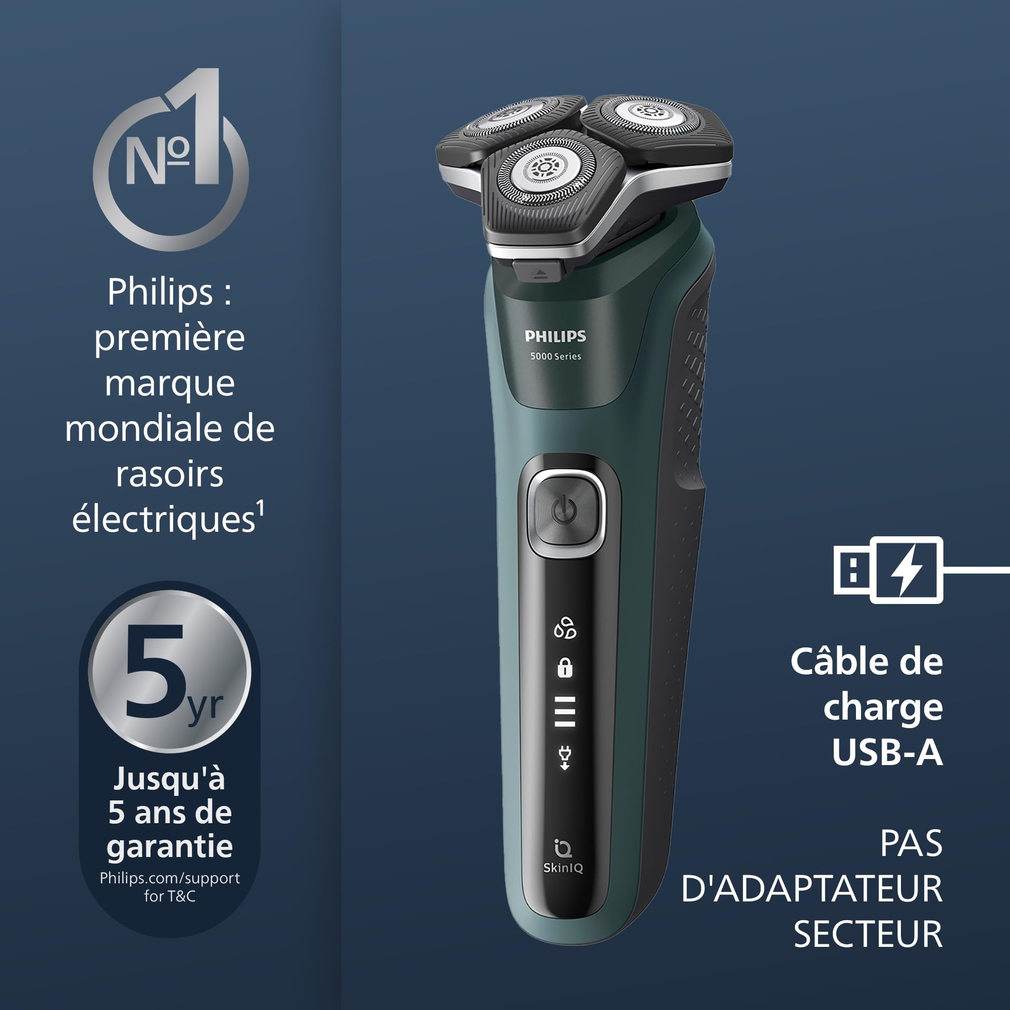 Philips Rasoir électrique S5000 pour homme Wet & Dry avec tondeuse rétractable intégrée, socle de charge et coffret de voyage (modèle S5884/35)
