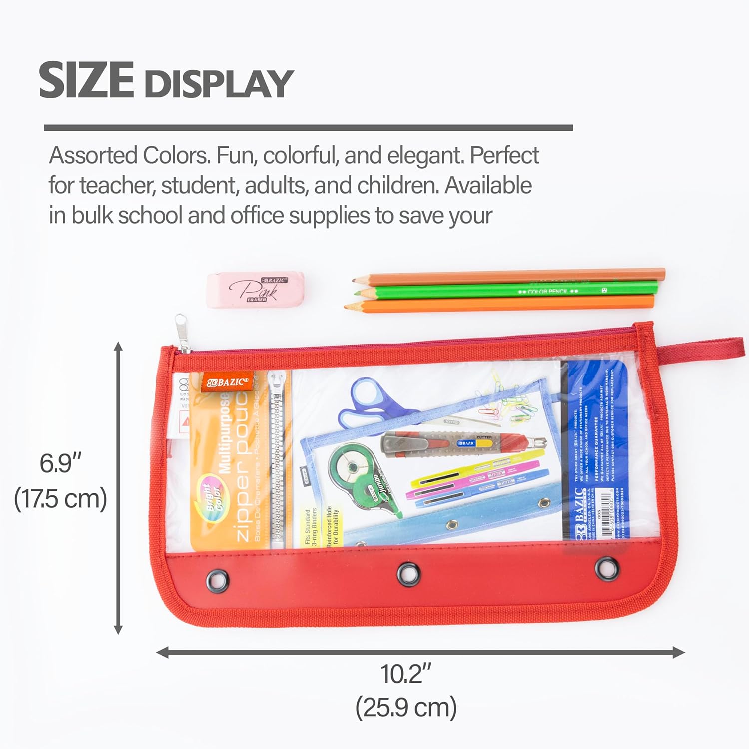 BAZIC Products Pencil Pouch 3 Ring Binder Pouch w/Rivet Enforced Rings Holes, 11.5"x6.5" Clear Color, Zipper Pouches Case Cosmetic Bag, 24-Pack