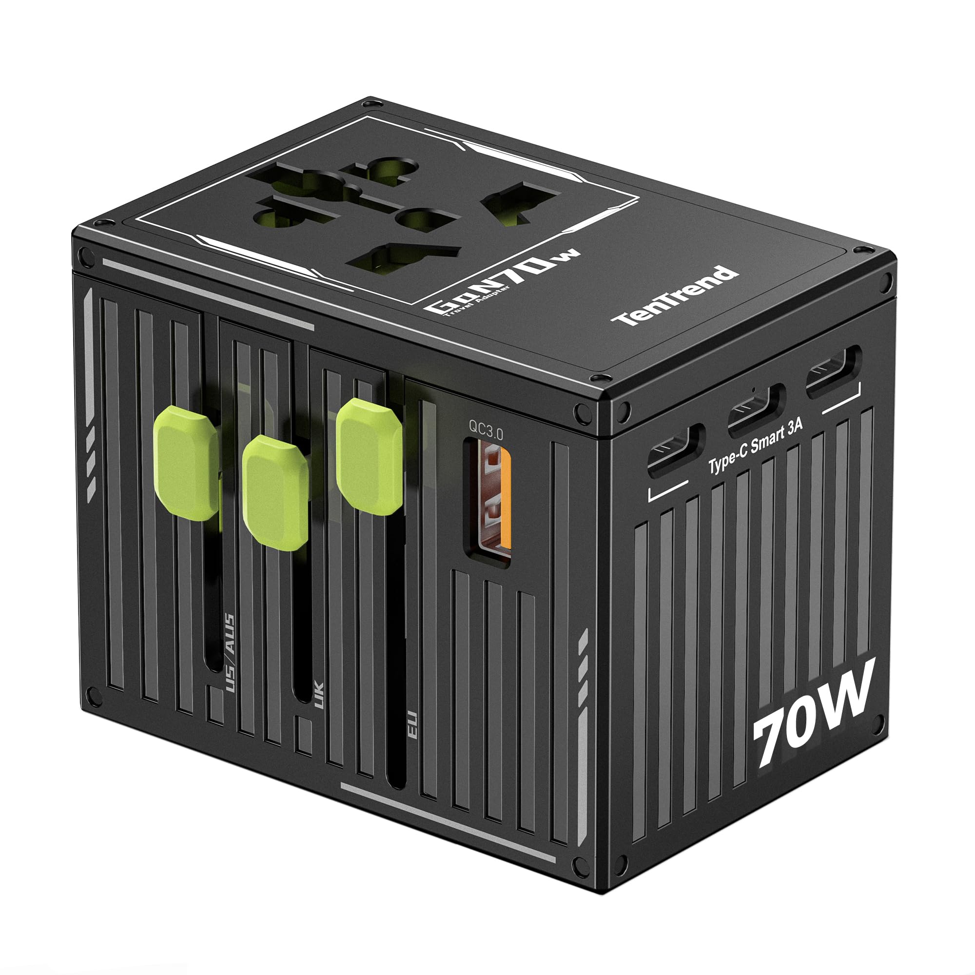 TenTrend - Adaptador universal de viaje, adaptador de corriente internacional de 70 W con 4 puertos USB-C y 1 USB-A, adaptador de enchufe de viaje europeo, esencial de viaje en todo el mundo para la