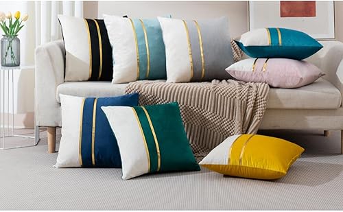 Miniatura 10 de ZLINA Juego de 2 fundas de almohada decorativas de terciopelo amarillo y blanco con retazos de cuero dorado de 16 x 16 pulgadas, fundas de cojín