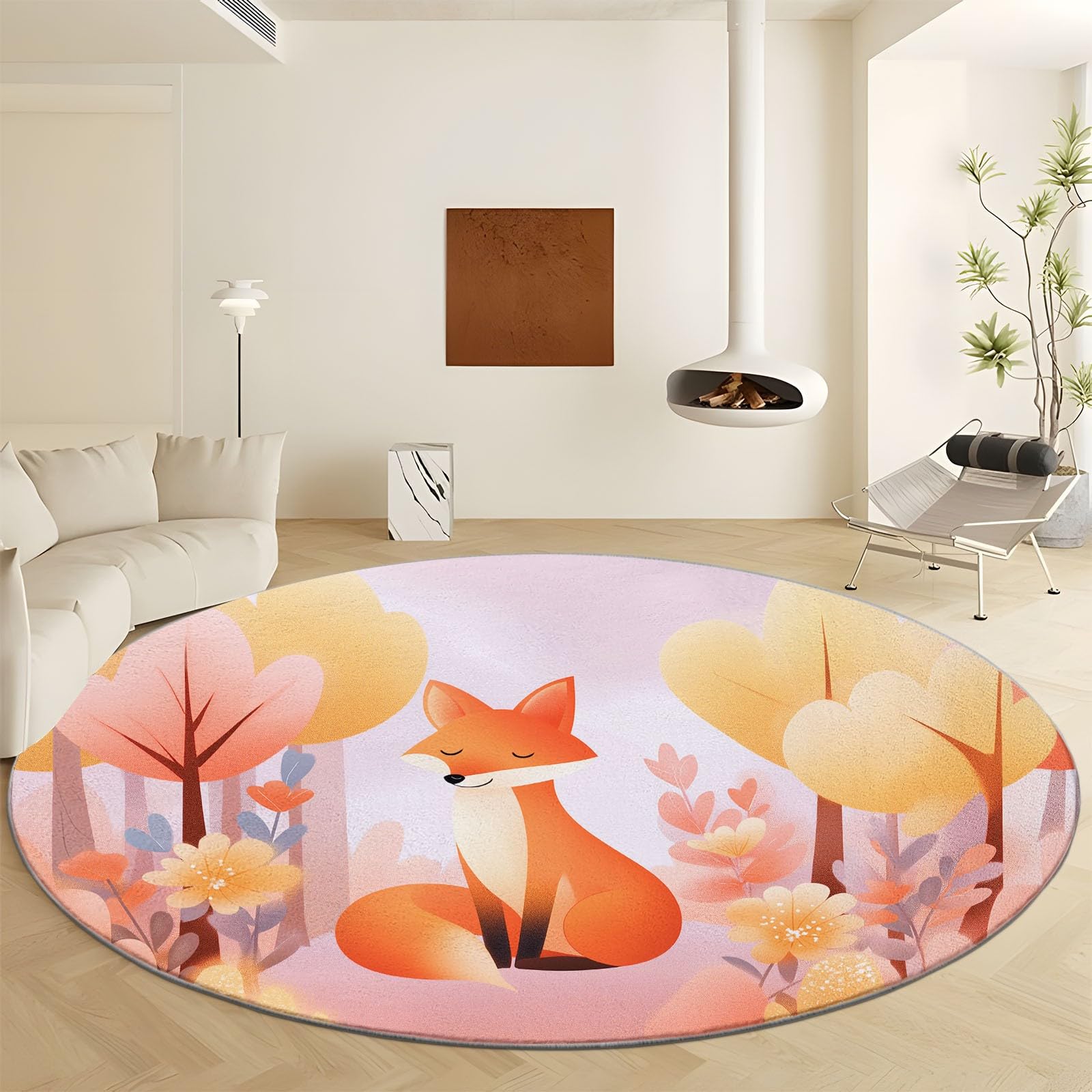 Tapis rond renard forêt 80 cm en velours corail antidérapant