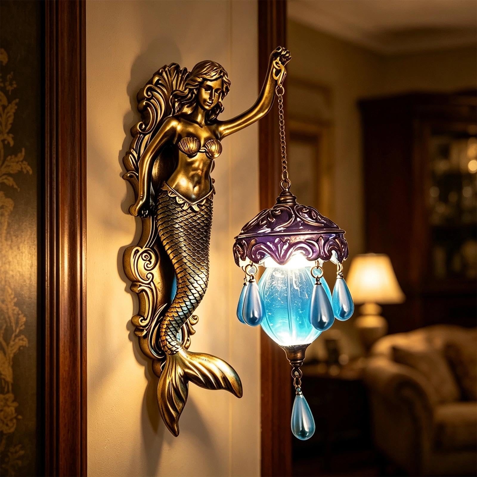 Elfenfigur Wandlampe,Engel Statue mit LED Hängelaterne,Meerjungfrau Wandleuchte Deko,Feen Wanddekoration für Wohnzimmer Schlafzimmer Flur Eingangsbereich Büro,Geschenkidee für Frauen(Stil 1)
