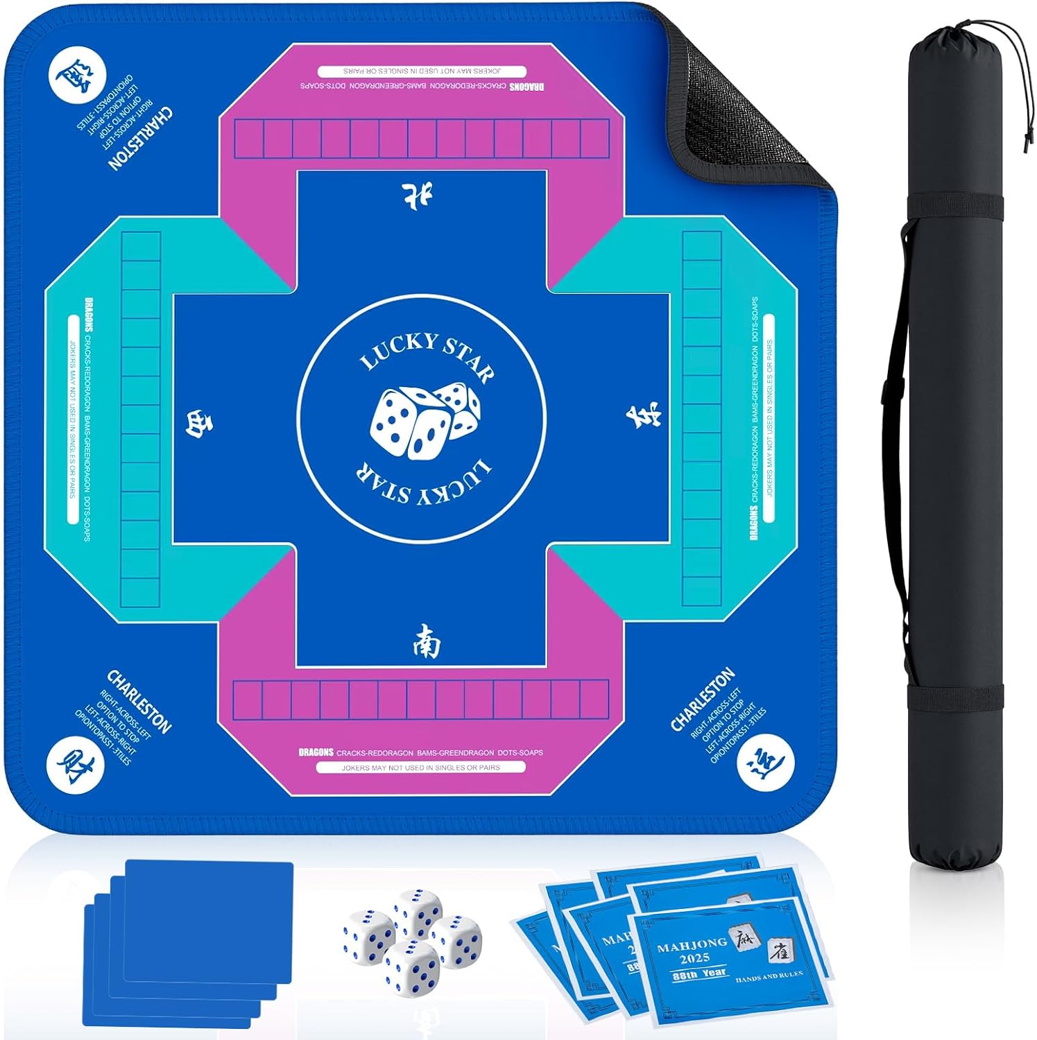 Mahjong Mat with Rules for Table with 6 Mahjong Playing Instructions,4Tile Mixer,4Dice & Carrying Bag,Non-Slip and Silent Travel Mahjong Set for Mahjong/Poker/Board Games/Card Games/Dominoes (Blue-2)
