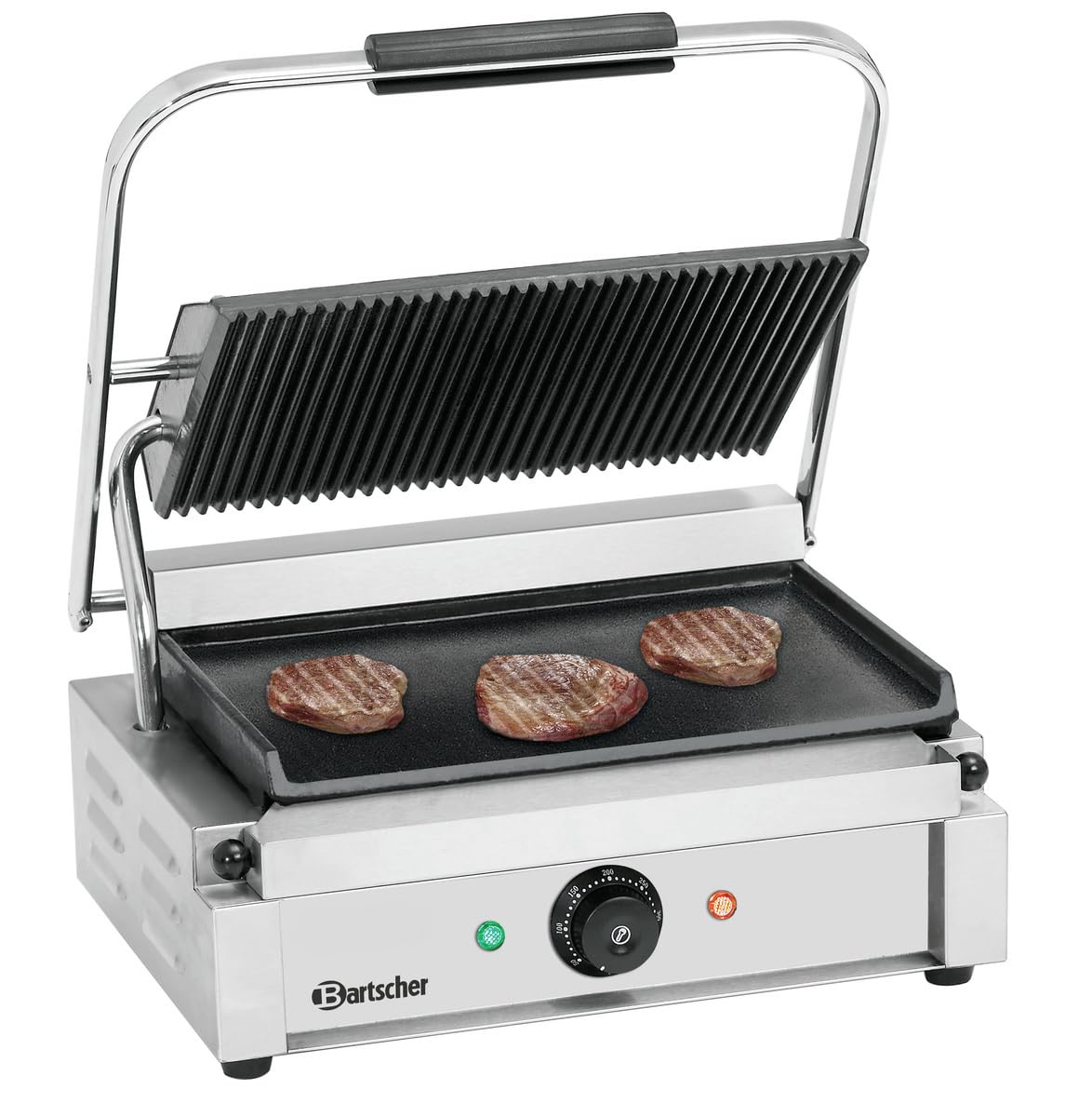 Bartscher Kontaktgrill Panini 1GR – Oberplatte gerillt, Unterplatte glatt – Gusseisen emailliert – Edelstahl – 230 V – für Gastronomie