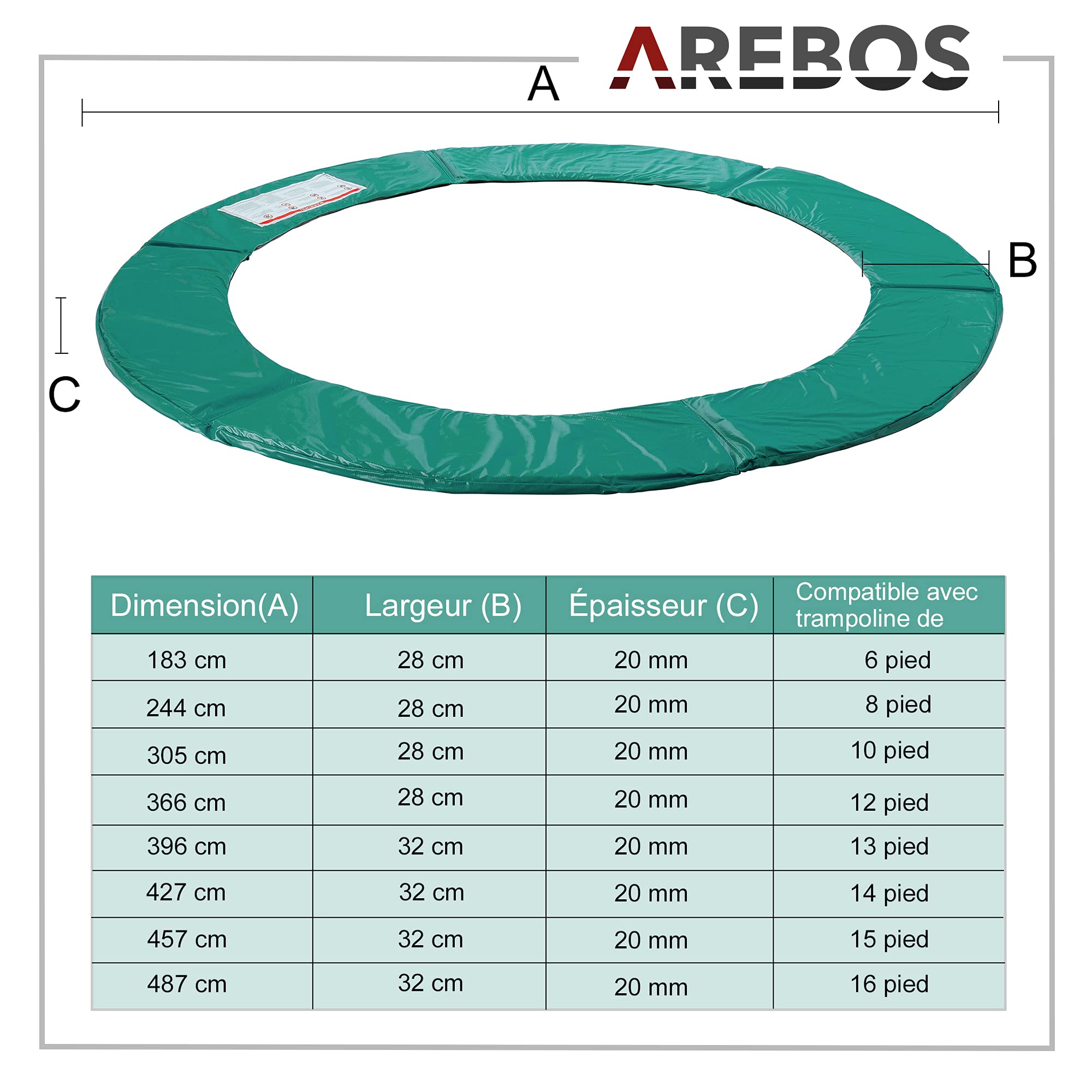 Arebos Protection de Ressort de Couverture de Bord de Trampoline | 396 cm | PVC et PE | résistant à la déchirure | 100% résistant aux UV