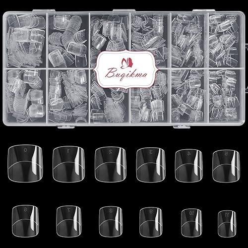 Buqikma [Short] [Square] Nail Tips - 600PCS False Nails, Acrylic, Clear, Half Cover for DIY & Salon