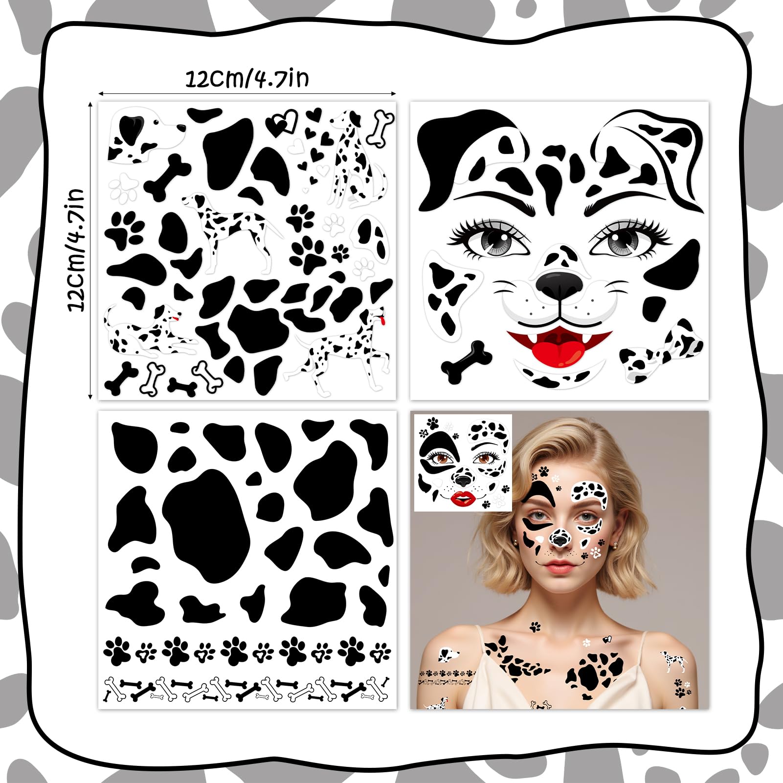 HOWAF Dalmatian Ears Headband & Halloween Face Tattoos Stickers - Image 3