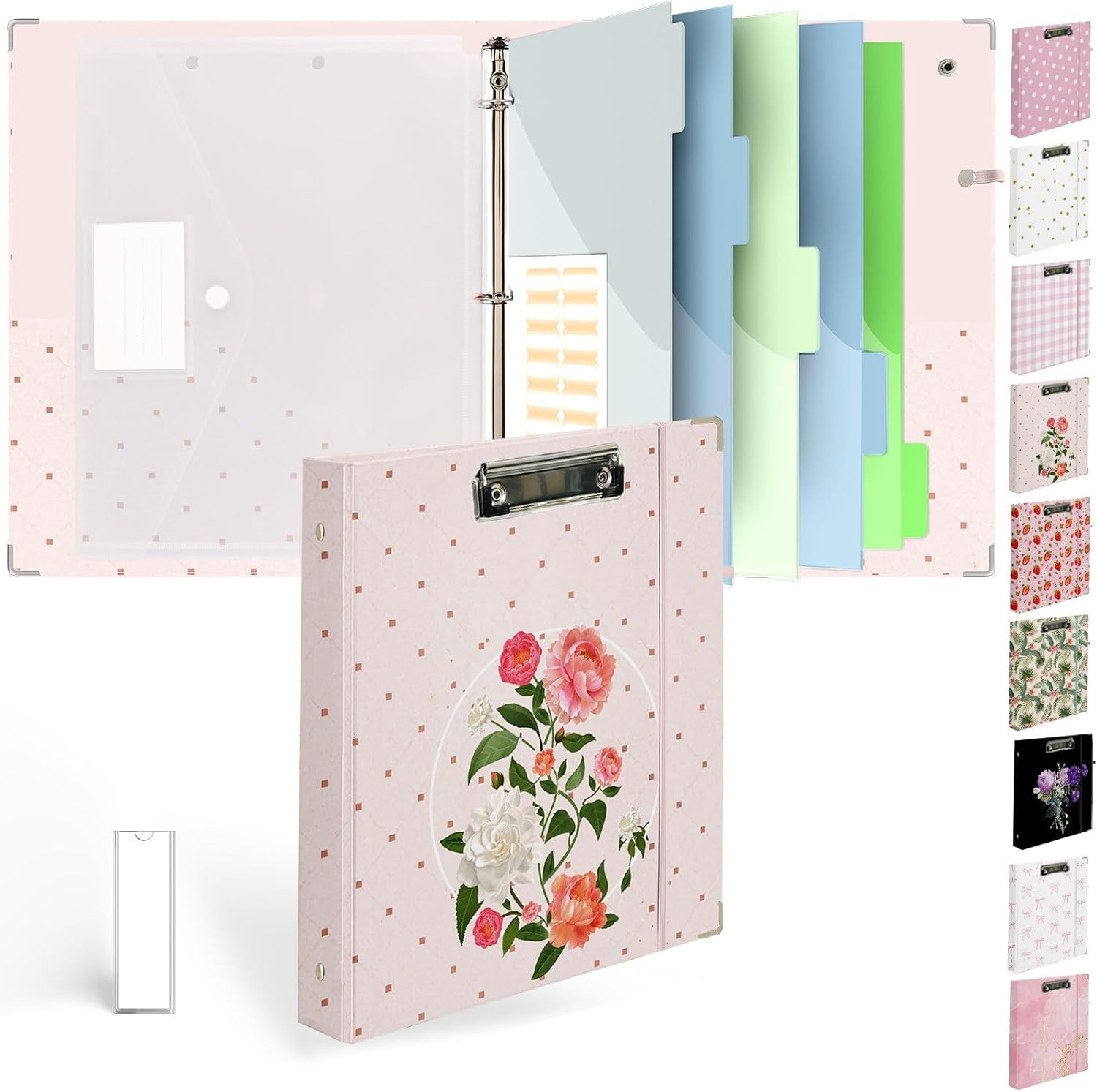 3 Ring Binder 1 inch with Clipboard - Pink & Gold Marble Design, Includes Dividers, File Bag & Spine Label - Stylish and Durable for Everyday Use, Holographic Waterproof Film
