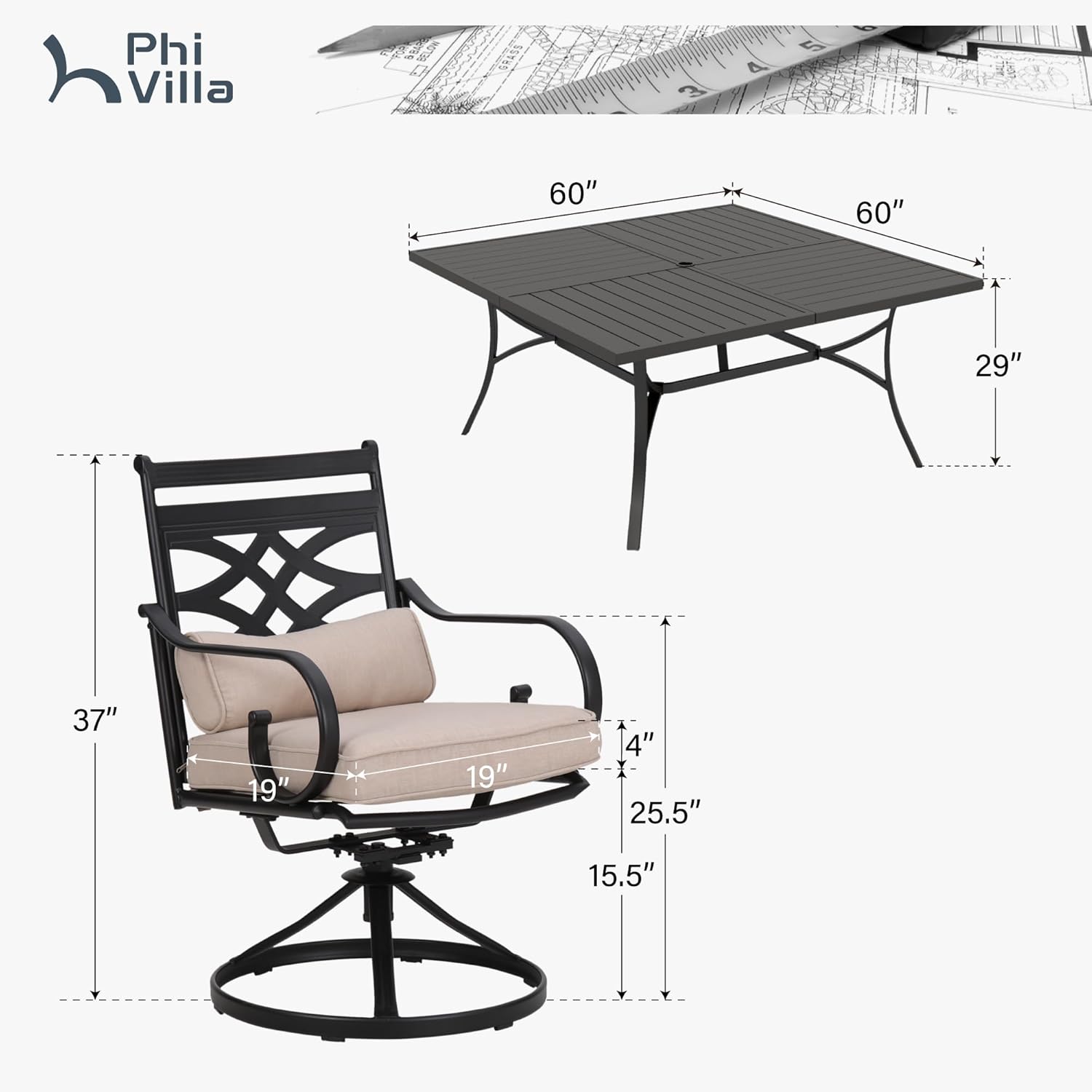 PHI VILLA 9 Pieces Outdoor Dining Set for 8, 60" Square Black Metal Table & Wrought Iron Swivel Chairs, All Weather Large Outside Furniture with Cushions & Pillows for Patio, Deck, Porch