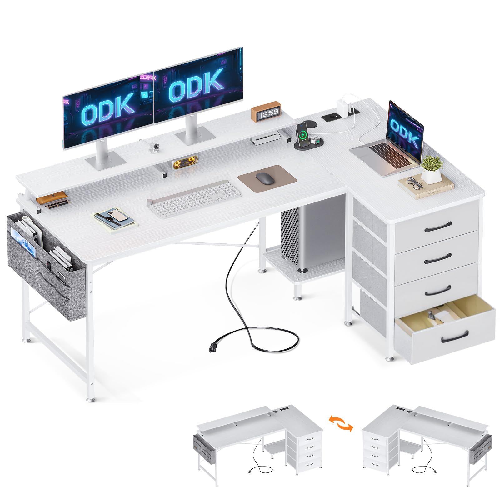 ODK Escritorio Esquinero Blanca, 160x80x84,7cm Escritorio en L con 4 Cajones Reversible, Mesa en L con 2 Puertos de Carga USB y 2 Enchufes, Escritorio con Estante para Monitor para Oficina en Casa