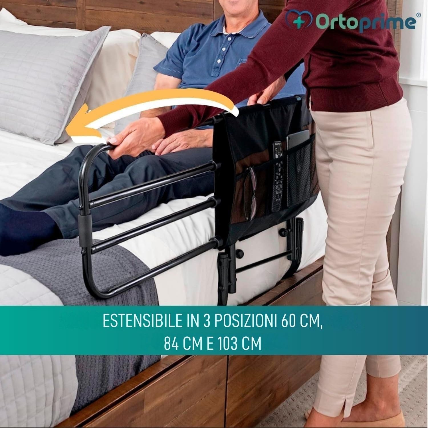 OrtoPrime Sponda Letto Anziani Anticaduta – Maniglia Assistenza Letto Regolabile – Sponde per Letto Anziani – Barriera Letto – Sbarra Letto per Alzarsi in Sicurezza