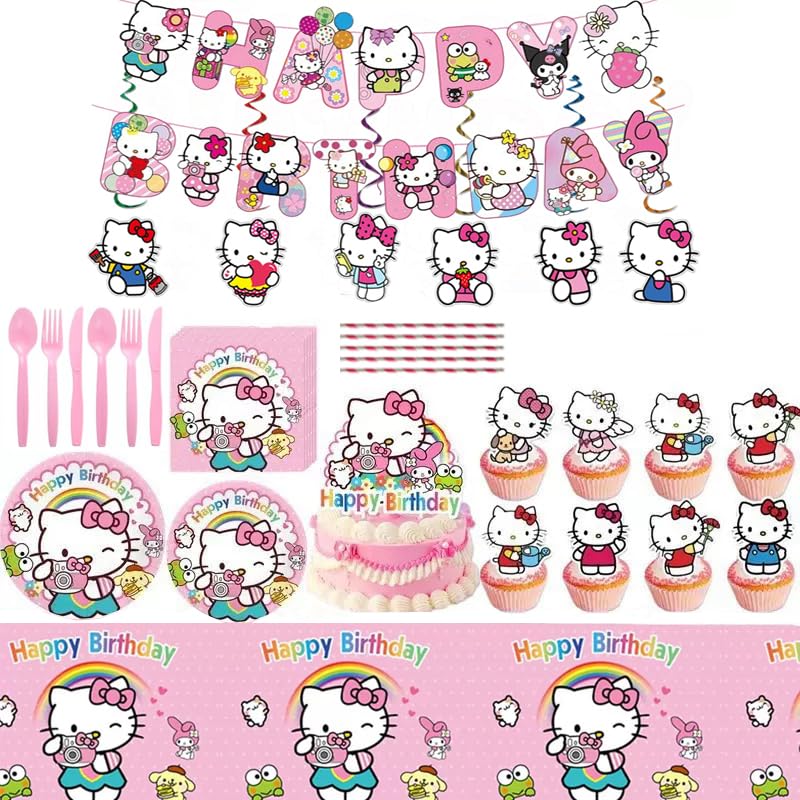 113 pcs Hello Pink Cat Kawai Cat Party Decorations 1pc Tablecover 20 pcs Plates and 20 pcs Napkins 1pc Birthday Banner 6pcs Hang Swirls 10PCS Spoons Knives Fork Paper Straws and 25pcs Cake Topper