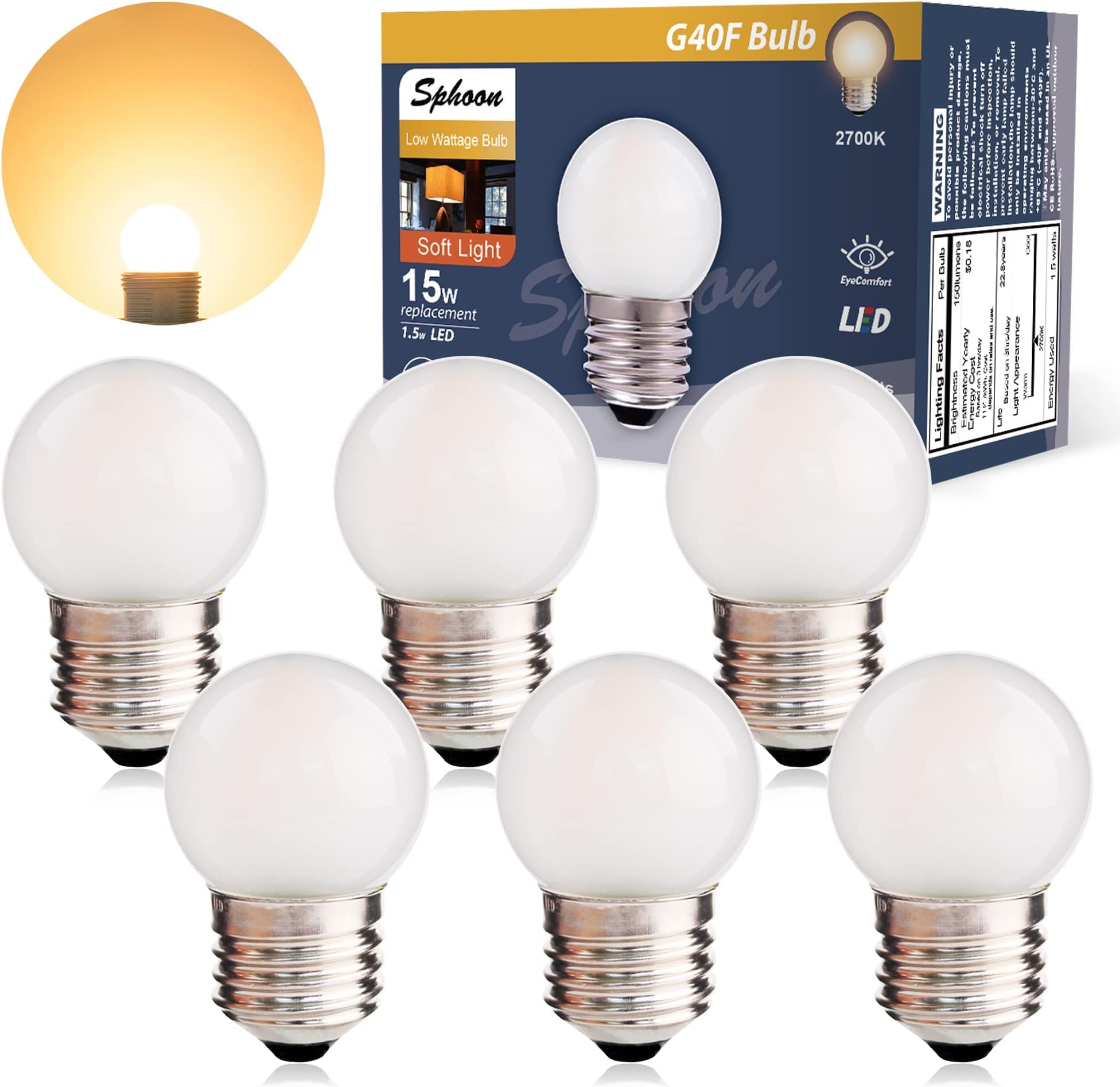 G40 Low Watt LED Light Bulbs 1.5W Soft Warm White 2700K G14 Energy Saving Bulb 15 Watt Equivalent Lights Bulb Standard Base E26, Night Light for Bathroom, Bedroom, 150 Lumen, 90+ Ra, Pack of 6
