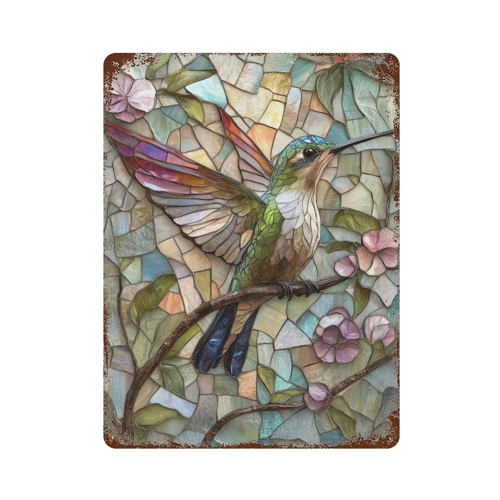 Stained Glass Hummingbird Artwork 15.7"x11.8" Decorative Tin Sign, Retro Wall Decor for Bistro, Counter And Cafe Decor