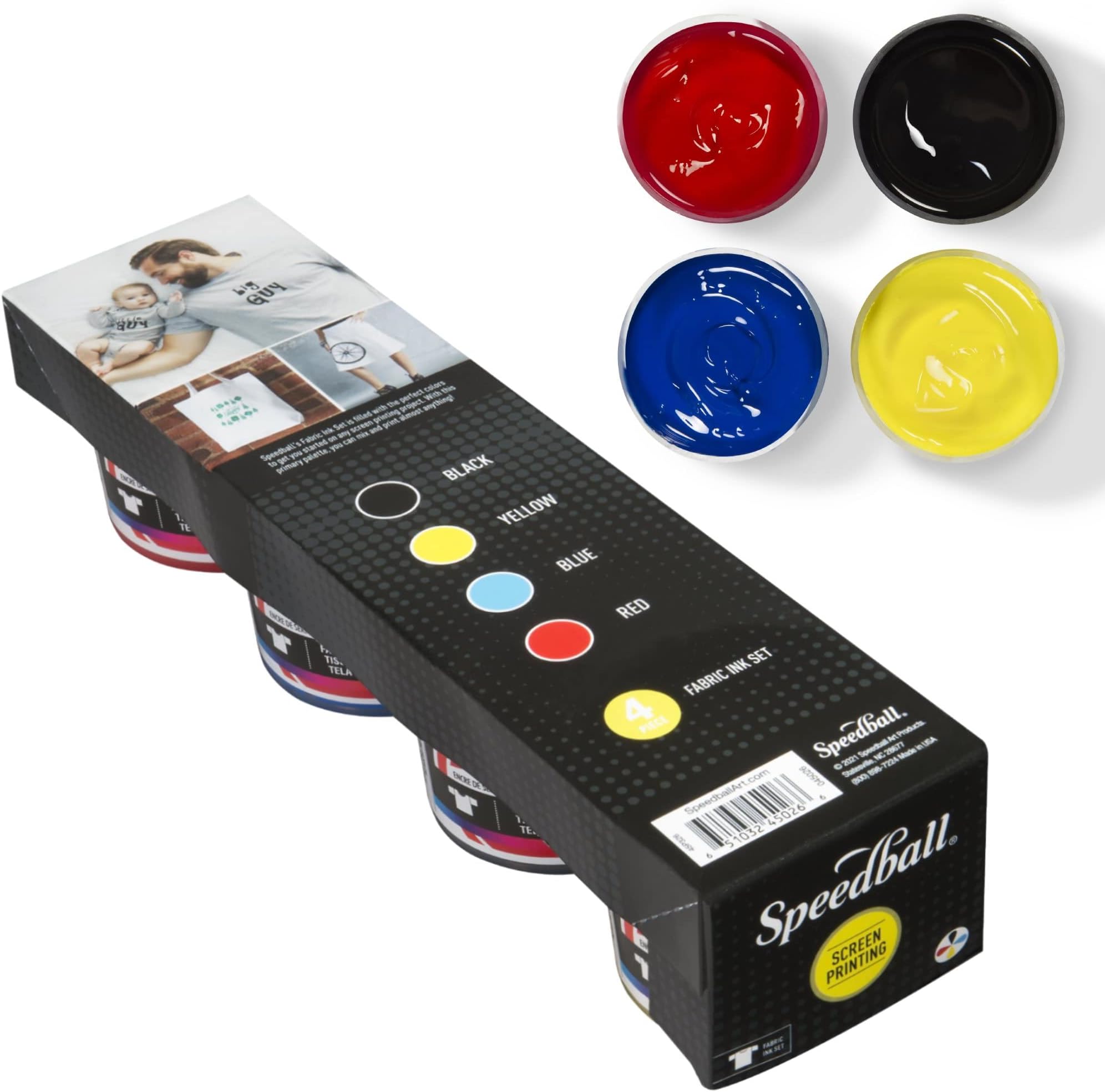Speedball Fabric Screen Printing Ink Starter Set, 4-Colors, 4-Ounce for T-Shirt and Silkscreen Printmaking (Black, Yellow, Blue, Red)