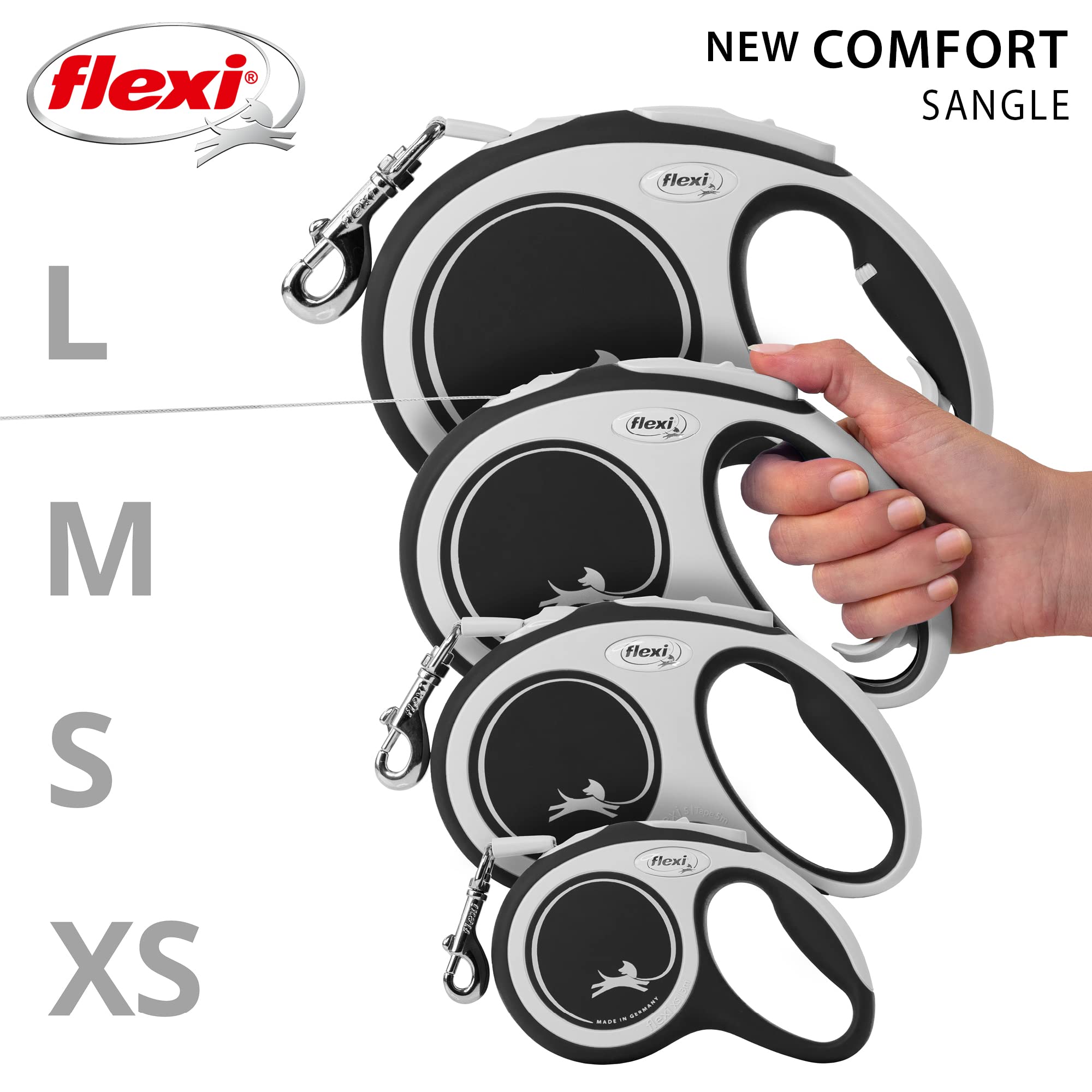 Flexi® Comfort L | Laisse rétractable à Sangle de 8 m pour Chiens jusqu'à 50 kg | Noir | Laisse à Enrouleur pour Chien | Poids : 540 g | Dimensions : 13,9 x 21,3 cm