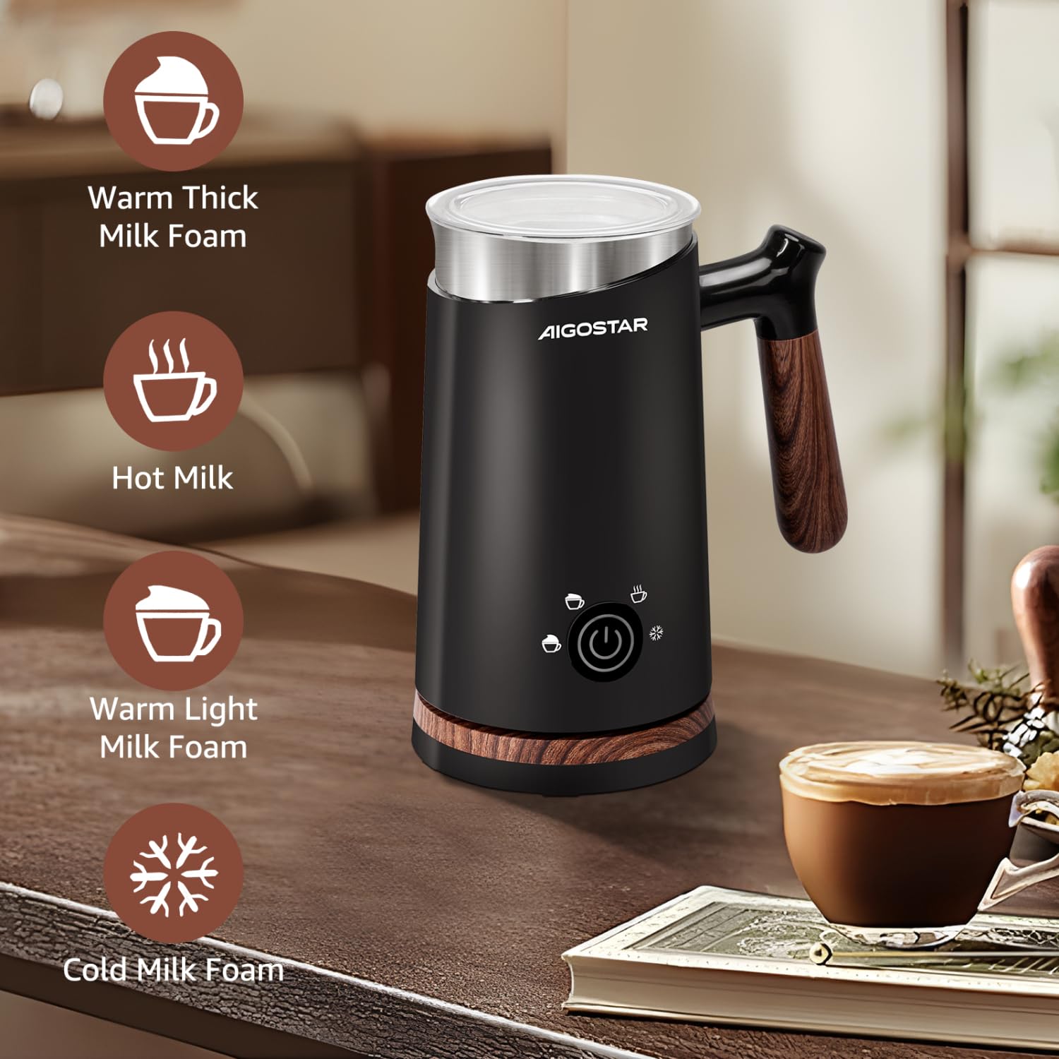 Aigostar Milky - Mousseur à lait électrique 4 en 1 Automatique, Mousseur a Lait 500W 300ml, Contrôle Intelligente de Température Mousseur de Lait Chaud et Froid pour Macchiato Chocolat Cappuccino