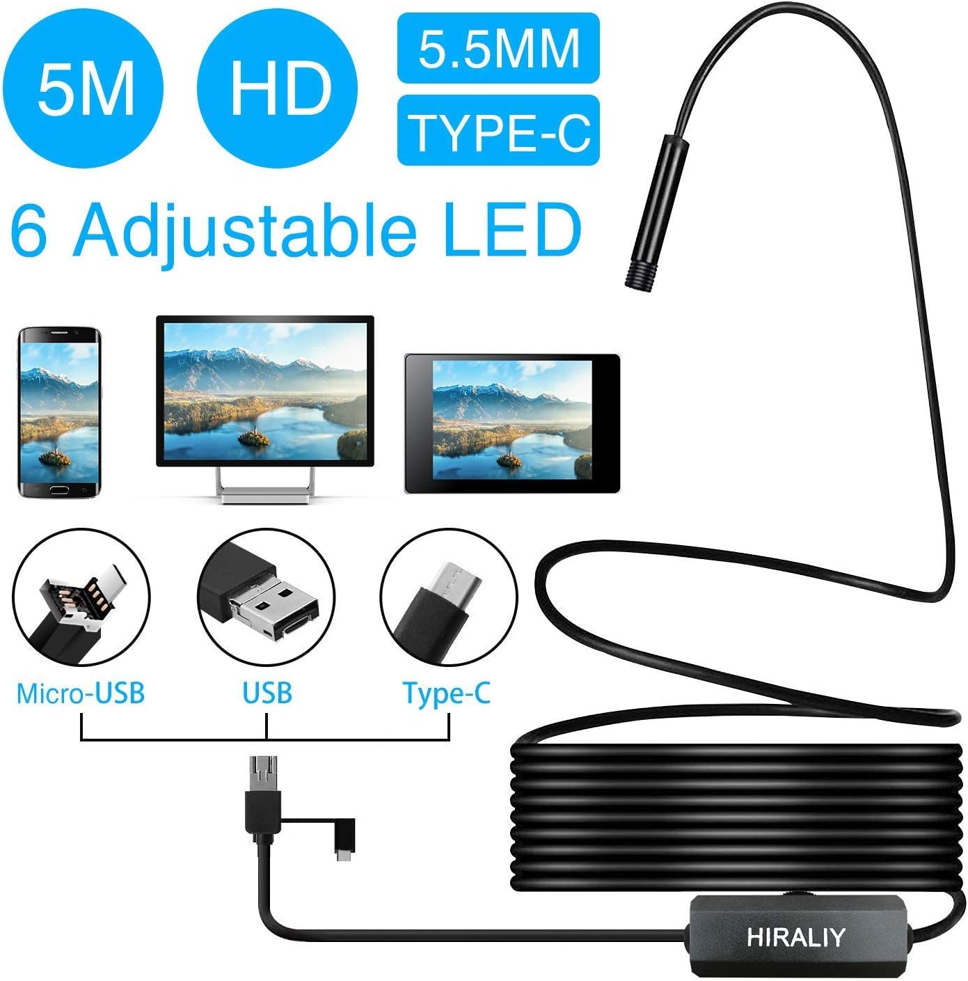 HIRALIY 3 in 1 USB Endoscope Camera for Android Semi-Rigid Type C Borescope USB C Inspection Camera HD Waterproof Snake Camera with 6 Adjustable Led Light for Windows PC