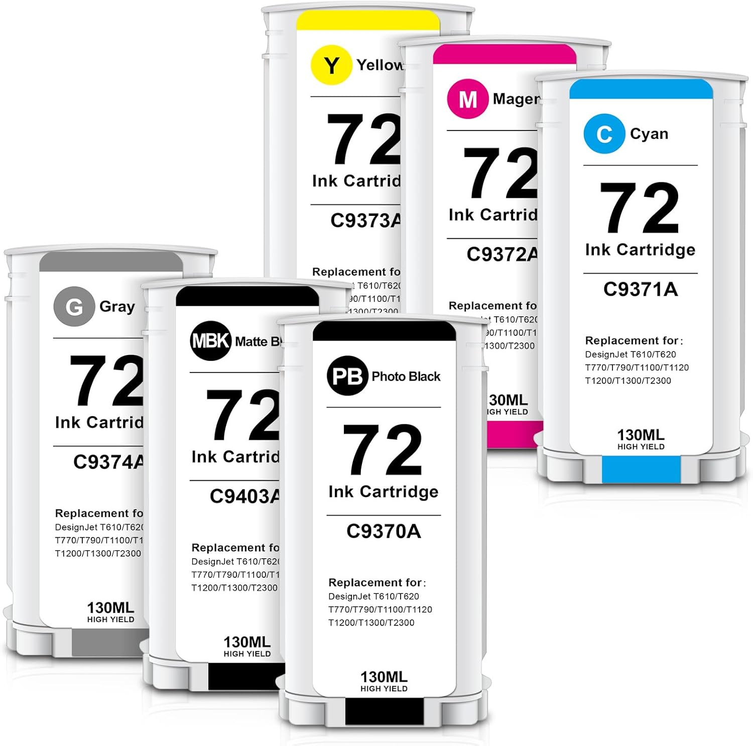 72 Ink Cartridges High Yield Compatible for HP 72 Ink Cartridge, Work for HP DesignJet T610 T620 T770 T790 T795 T1100 T1120 T1200 T1300 T2300 Printer (6-Pack, MBK/PBK/C/M/Y/GY)
