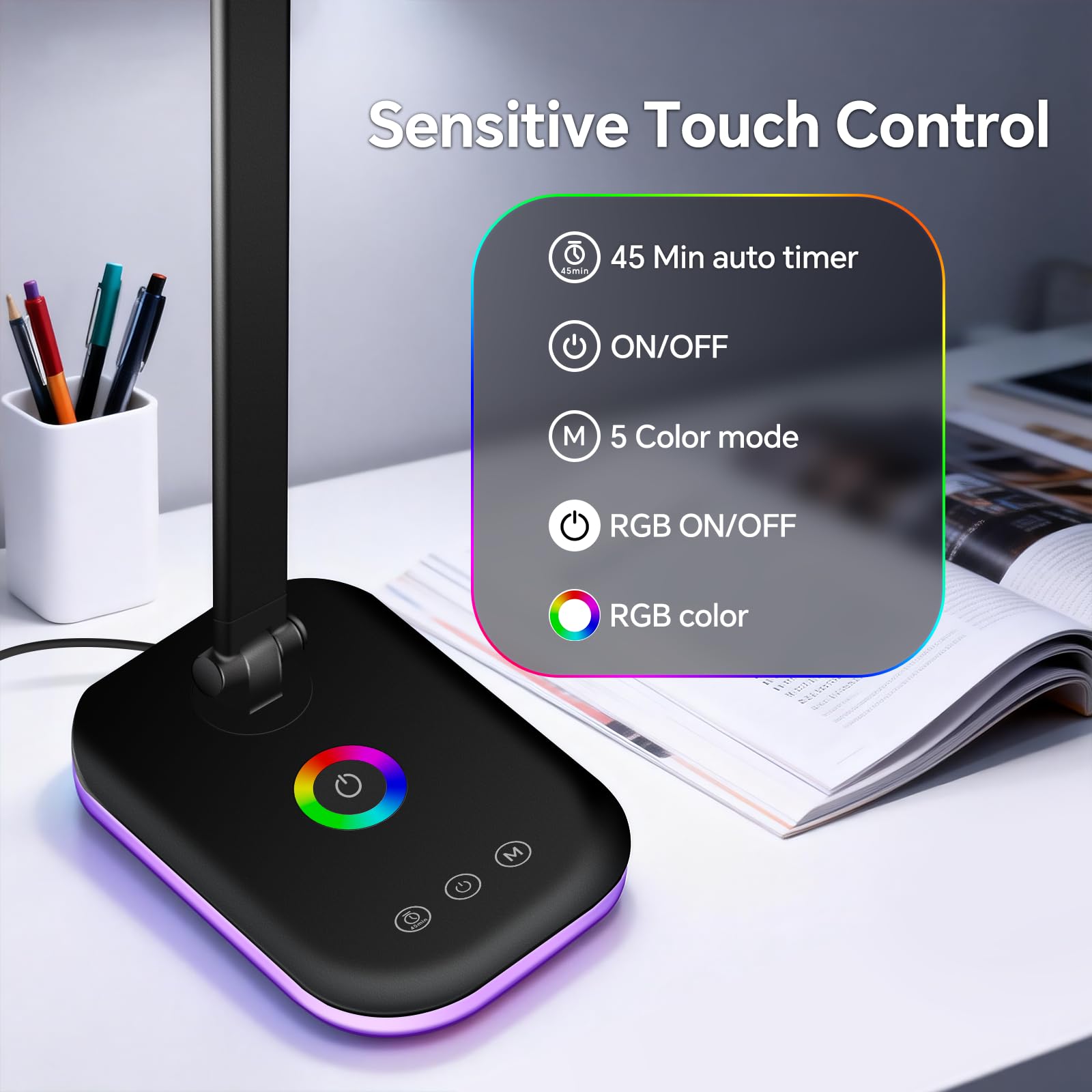 Morotty Lámpara de Escritorio LED 10W, Flexo con Luz Nocturna, 5 Temperaturas de Color, Regulación 10-100%, Puerto USB, Control Táctil Negro