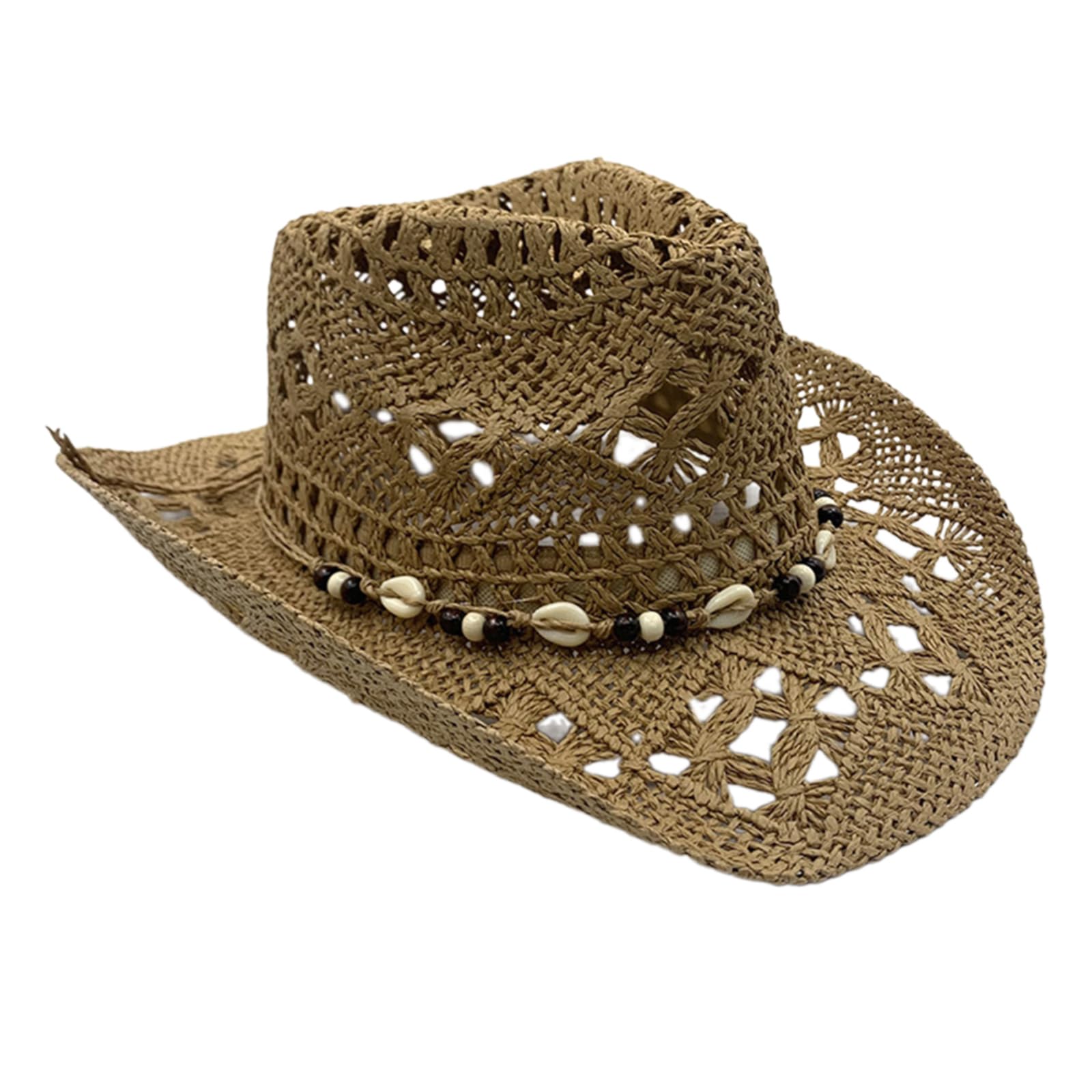 Vtidobe Unisex Khaki Fashionable Wide Brims Straw Hat With Seashells Decors For Adult Music Festival And Vacation Head Accessories