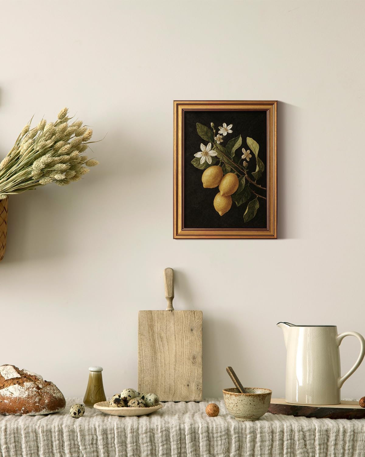 ARPEOTCY Gold Framed Canvas Art Prints,12x16inch, Lemon Botanical Art Painting, Vintage Still Life Decor for Kitchen Dining Room Bedroom Bathroom Shelf, Rustic Country Cottagecore Pictures