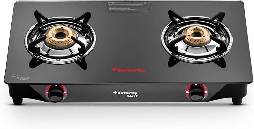 Butterfly Smart 2 Burner Glass Top Gas Stove | Manual Ignition | Scratch Resistant Toughened Glass | Brass Burners | Skid-...